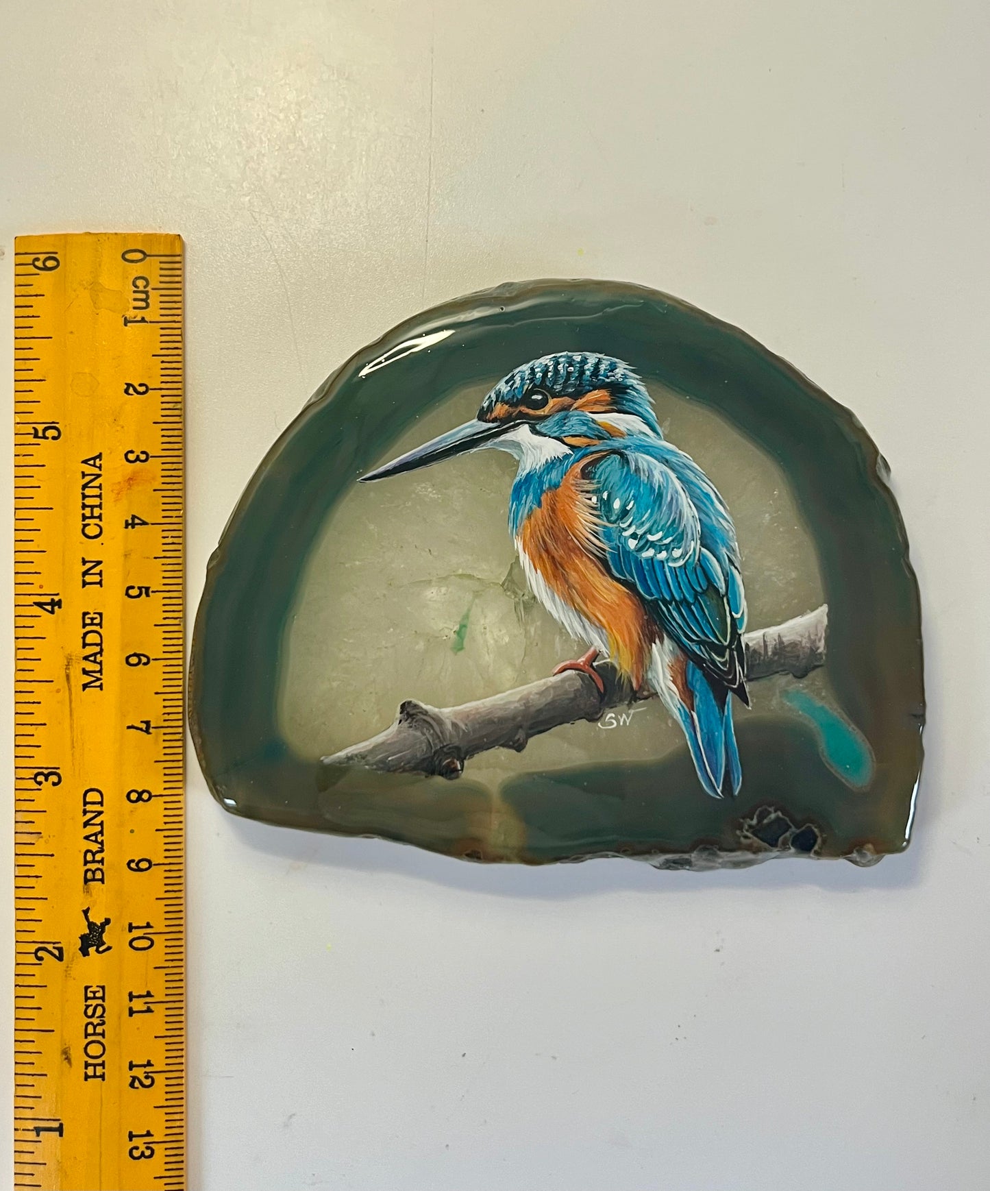 Einzigartige handbemalte Achatscheibe /der Eisvogel/ink.Metallständer