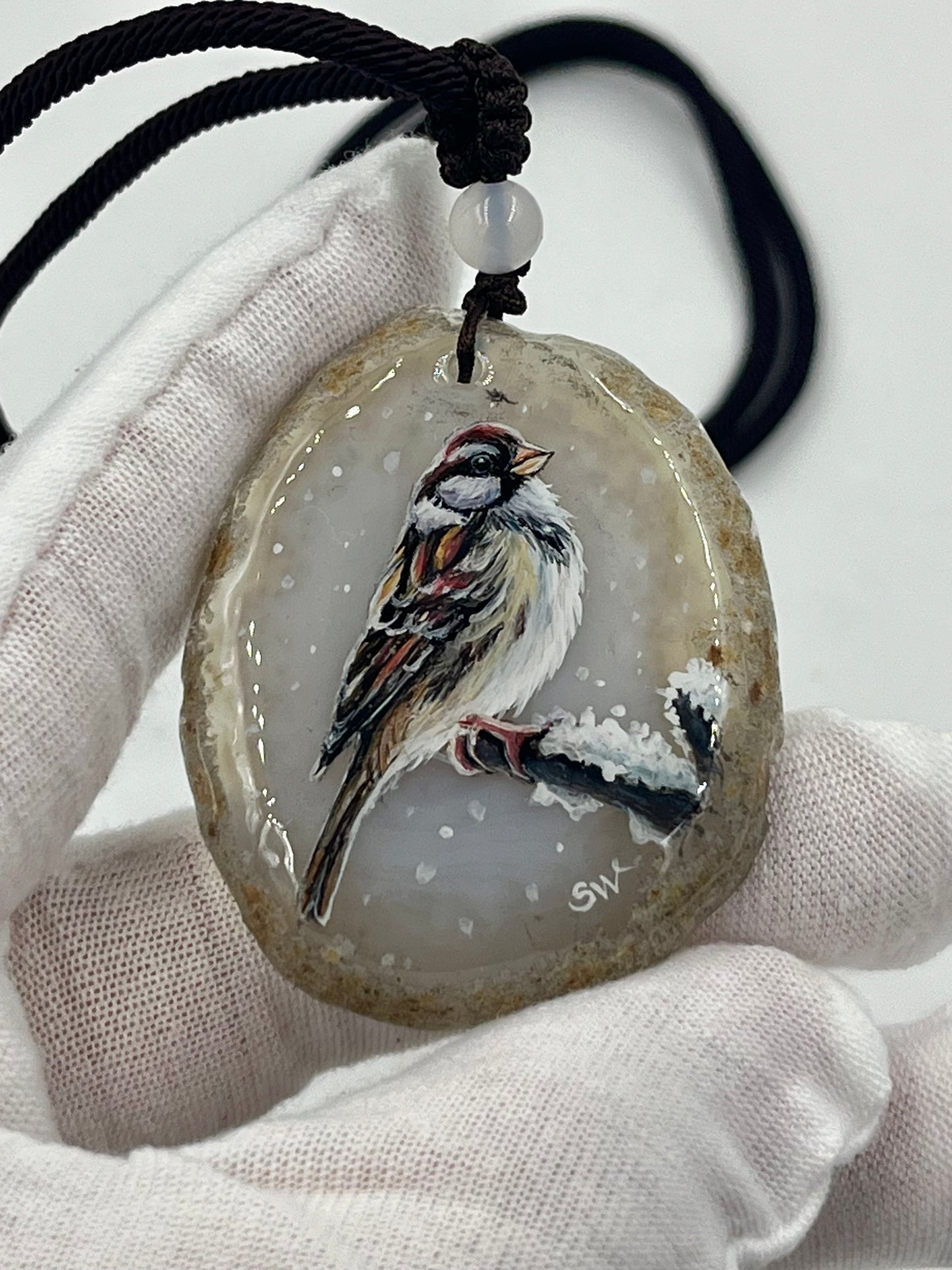 Einzigartige Anhänger /Der Spatz/Achat/Hand bemalt Juwelen und tragbare Kunst /Natur Schmuck