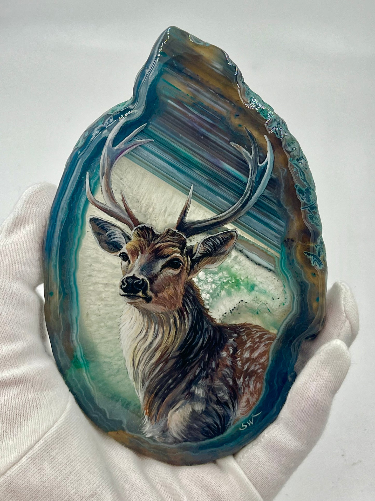 Einzigartige bemalt Achatscheibe/Der Hirsch /Hand bemalt /Deko/Tierpotrait/ink.Metallständer