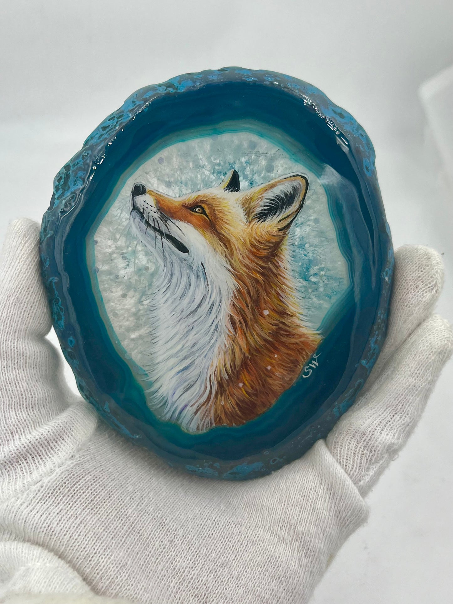 Einzigartige bemalt Achatscheibe/Der Fuchs /Hand bemalt /Deko/Tierpotrait/ink.Metallständer