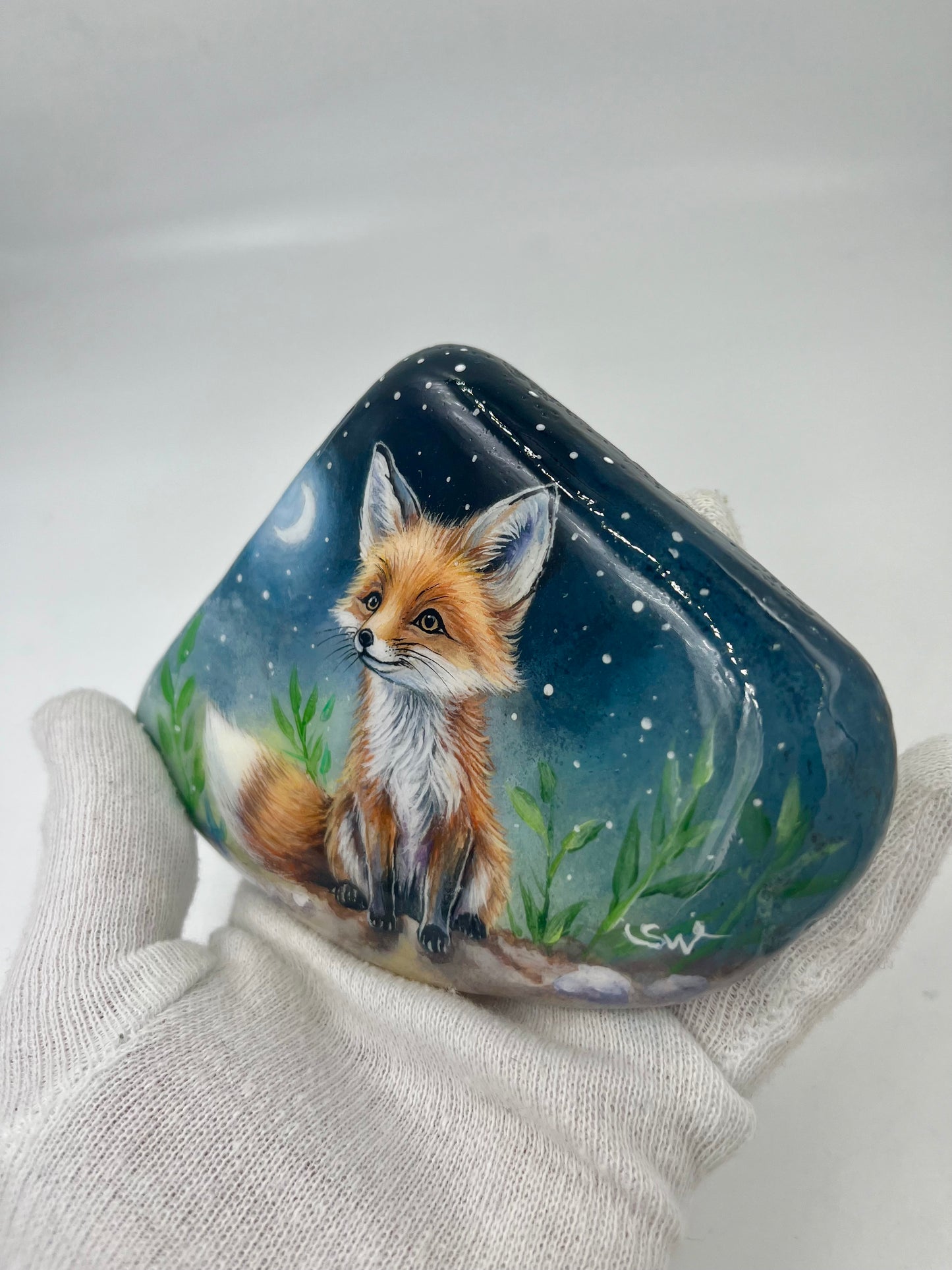 Einzigartig handbemalte Stein-der Fuchs/inklusive Tischstaffelei