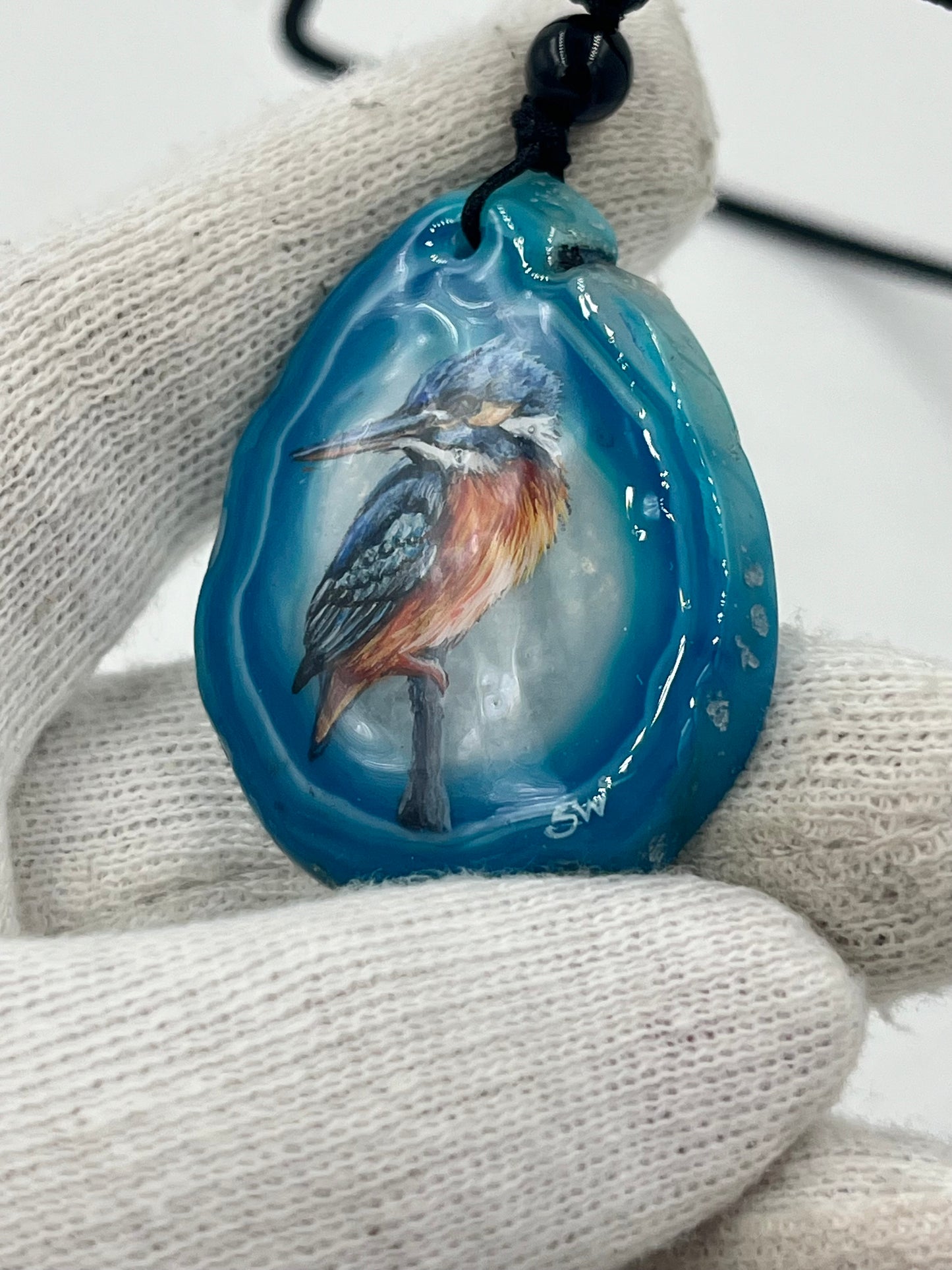Einzigartige Anhänger /Der Eisvogel/Achat/Hand bemalt Juwelen und tragbare Kunst /Natur Schmuck