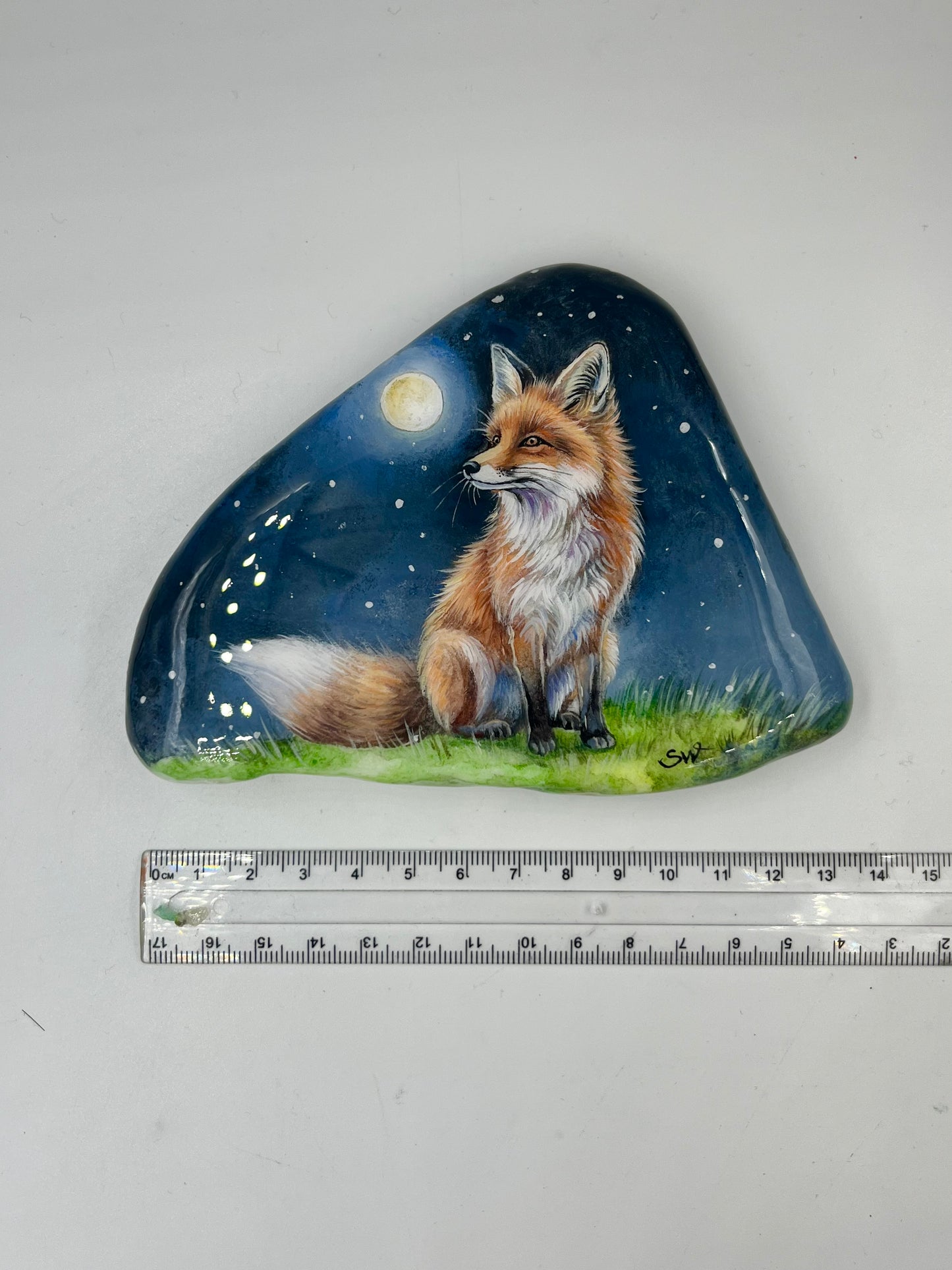 Einzigartig handbemalte Stein-der kleine Fuchs-inklusive Tischstaffelei