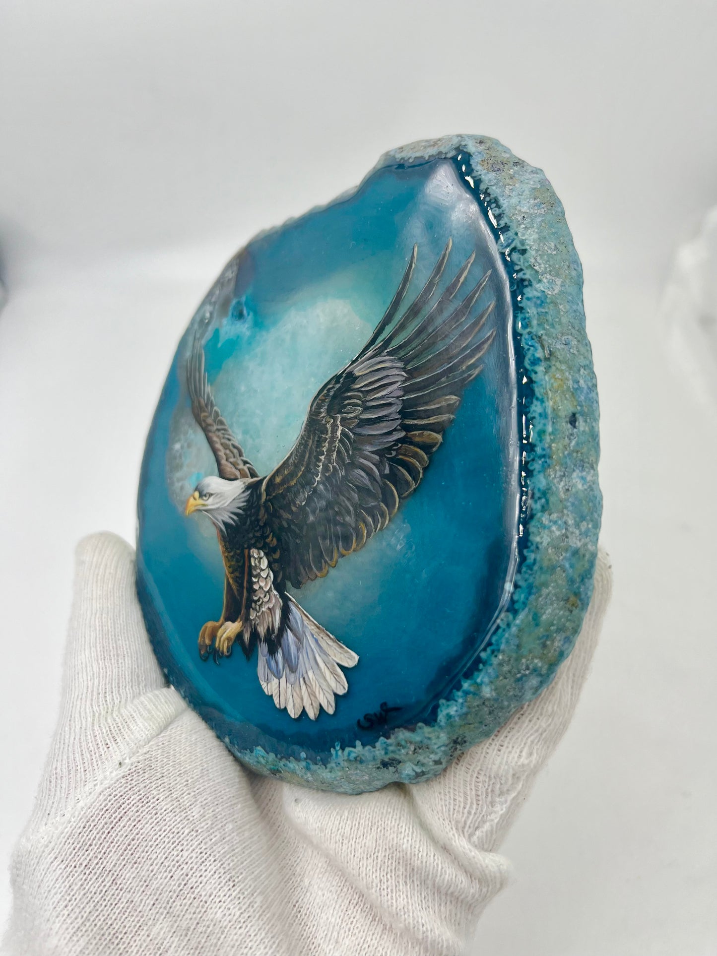 Einzigartige handbemalte Achatscheibe /der Adler/ink.Metallständer