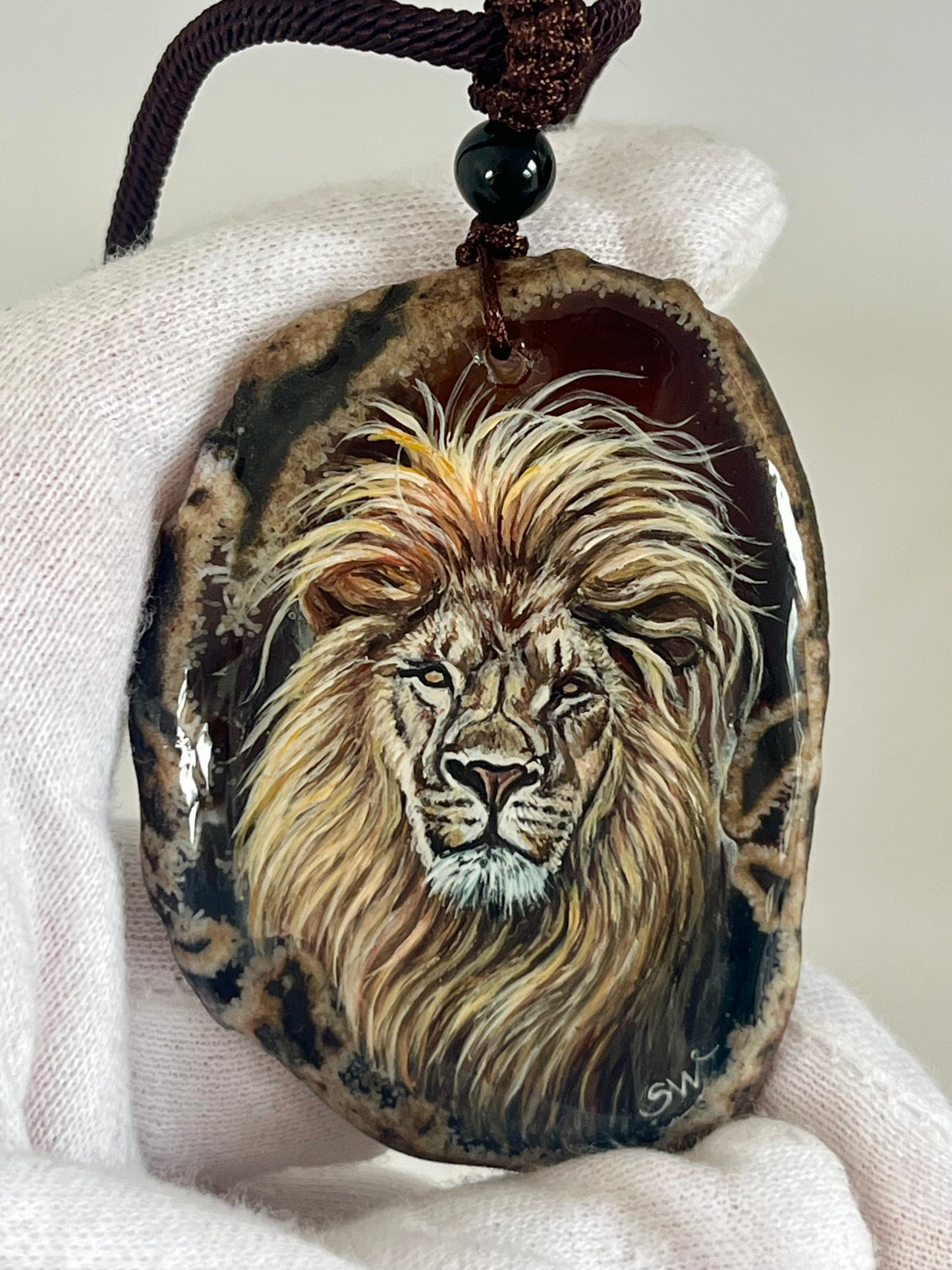 Einzigartige Anhänger /Der Löwe/Achat/Hand bemalt Juwelen und tragbare Kunst /Natur Schmuck