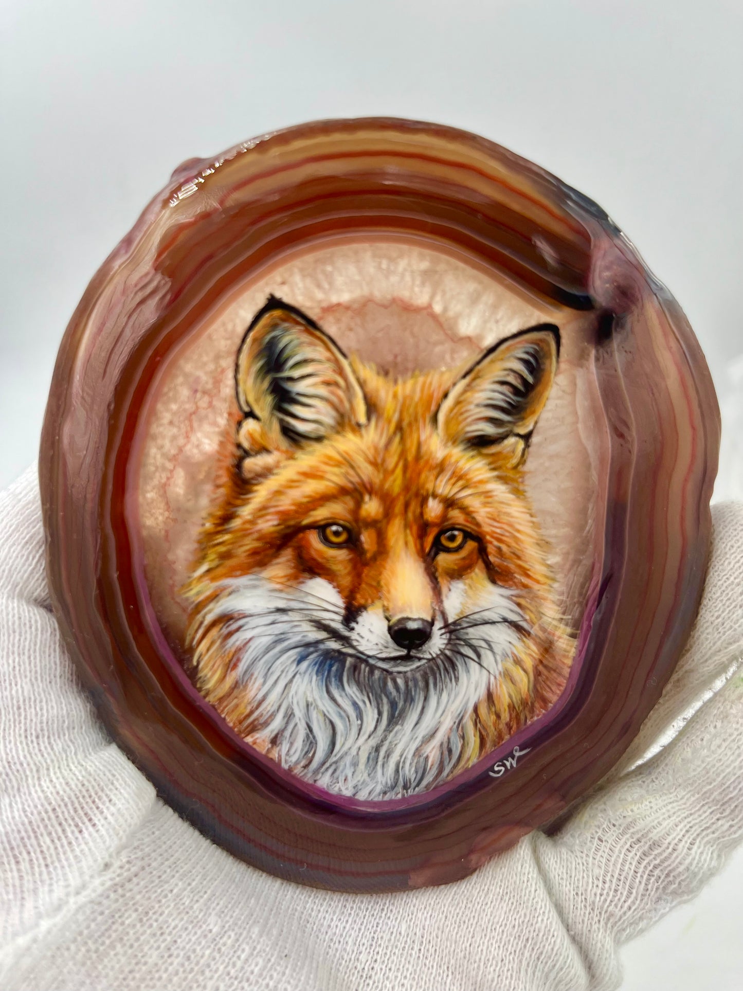 Einzigartige bemalt Achatscheibe/der Fuchs/Hand bemalt /Deko/Tierpotrait/ink.Metallständer