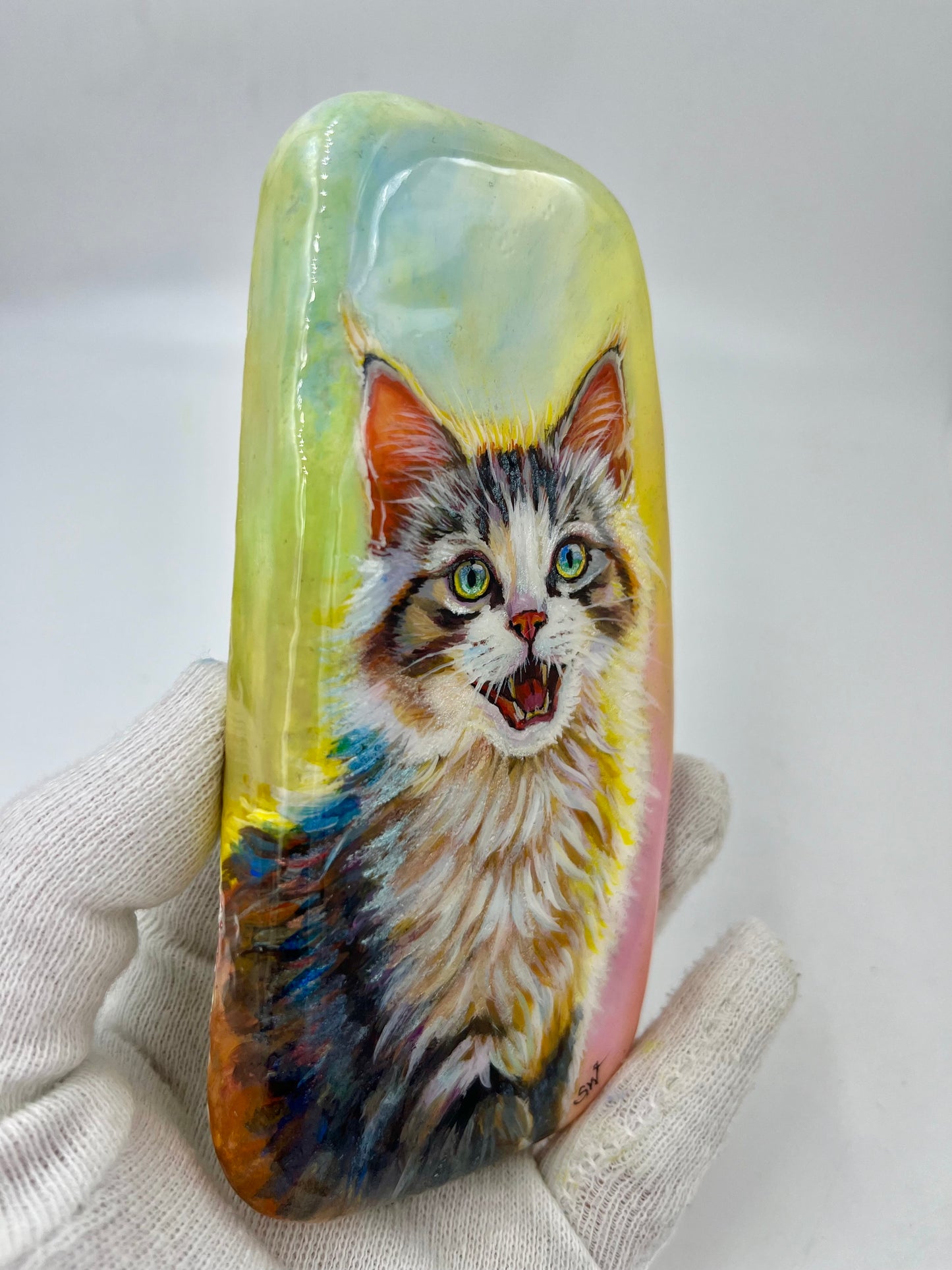 Einzigartig handbemalte Stein/die Katze/inklusive Tischstaffelei