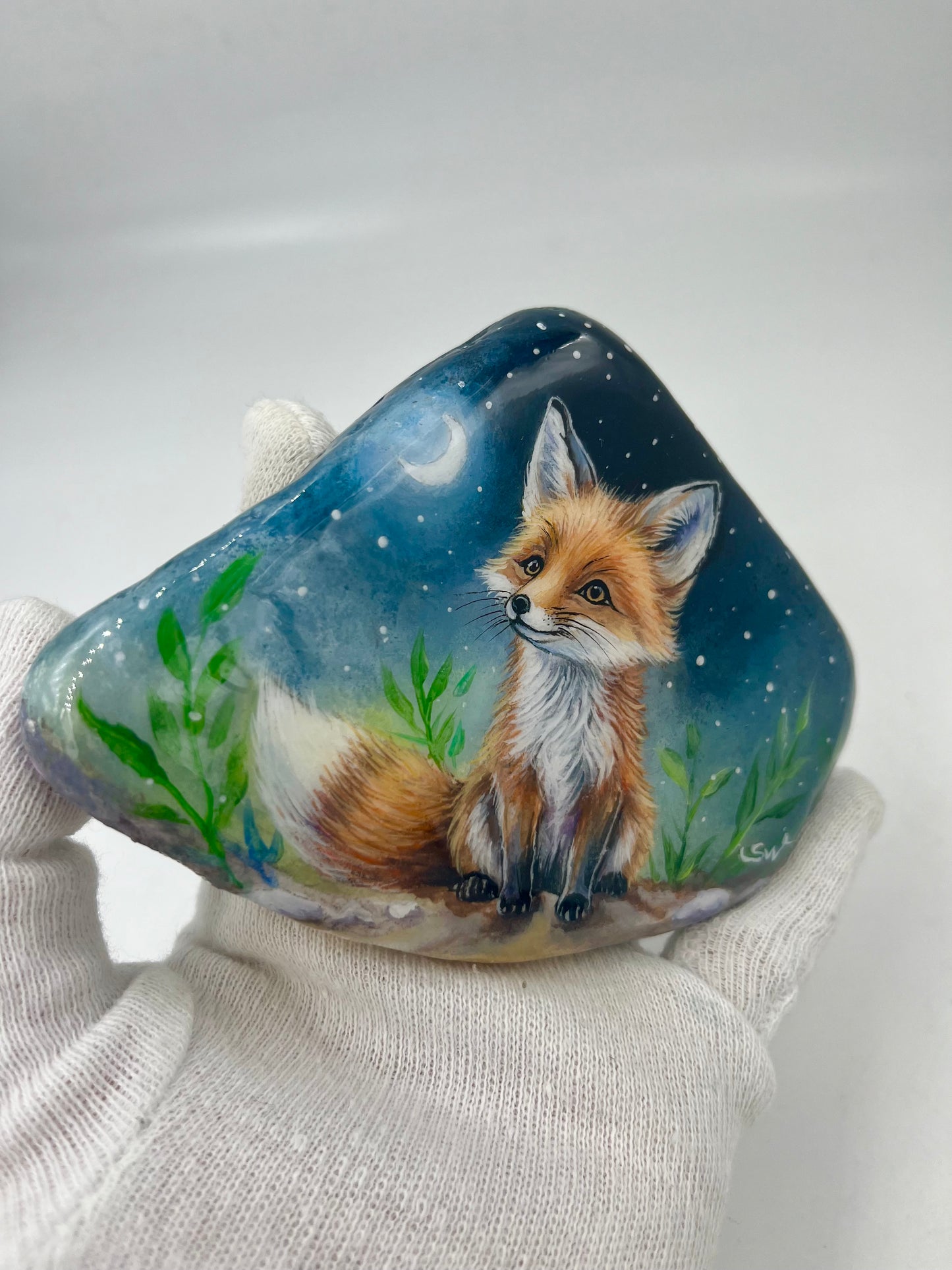 Einzigartig handbemalte Stein-der Fuchs/inklusive Tischstaffelei
