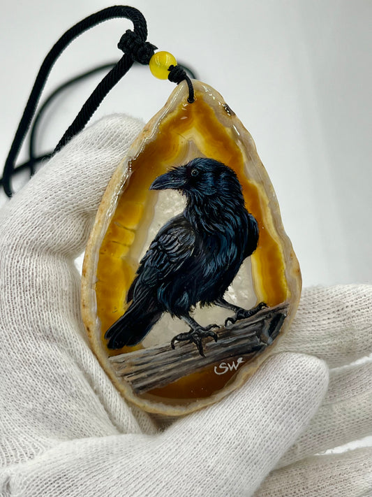 Einzigartige Anhänger /Die Krähe/Achat/Hand bemalt Juwelen und tragbare Kunst /Natur Schmuck