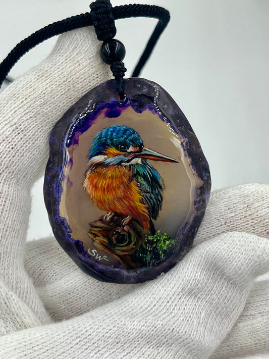Einzigartige Anhänger /Der Eisvogel/Achat/Hand bemalt Juwelen und tragbare Kunst /Natur Schmuck