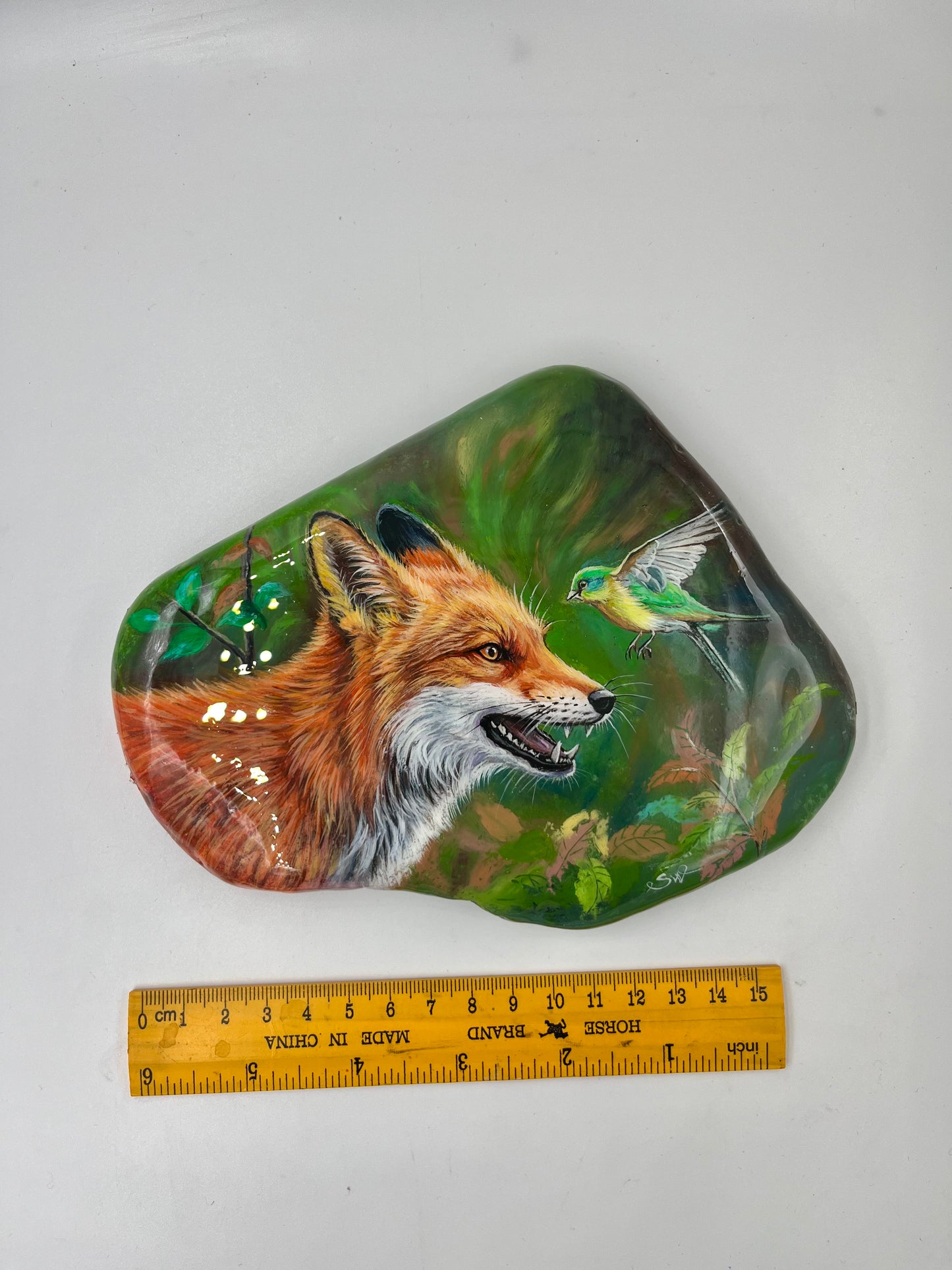 Einzigartig handbemalte Große stein/der Fuchs und der Vogel/inklusive Tischstaffelei