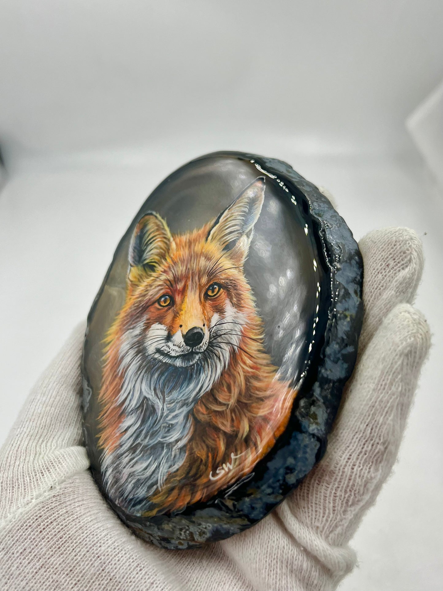 Einzigartige bemalt Achatscheibe/Der Fuchs /Hand bemalt /Deko/Tierpotrait/ink.Metallständer