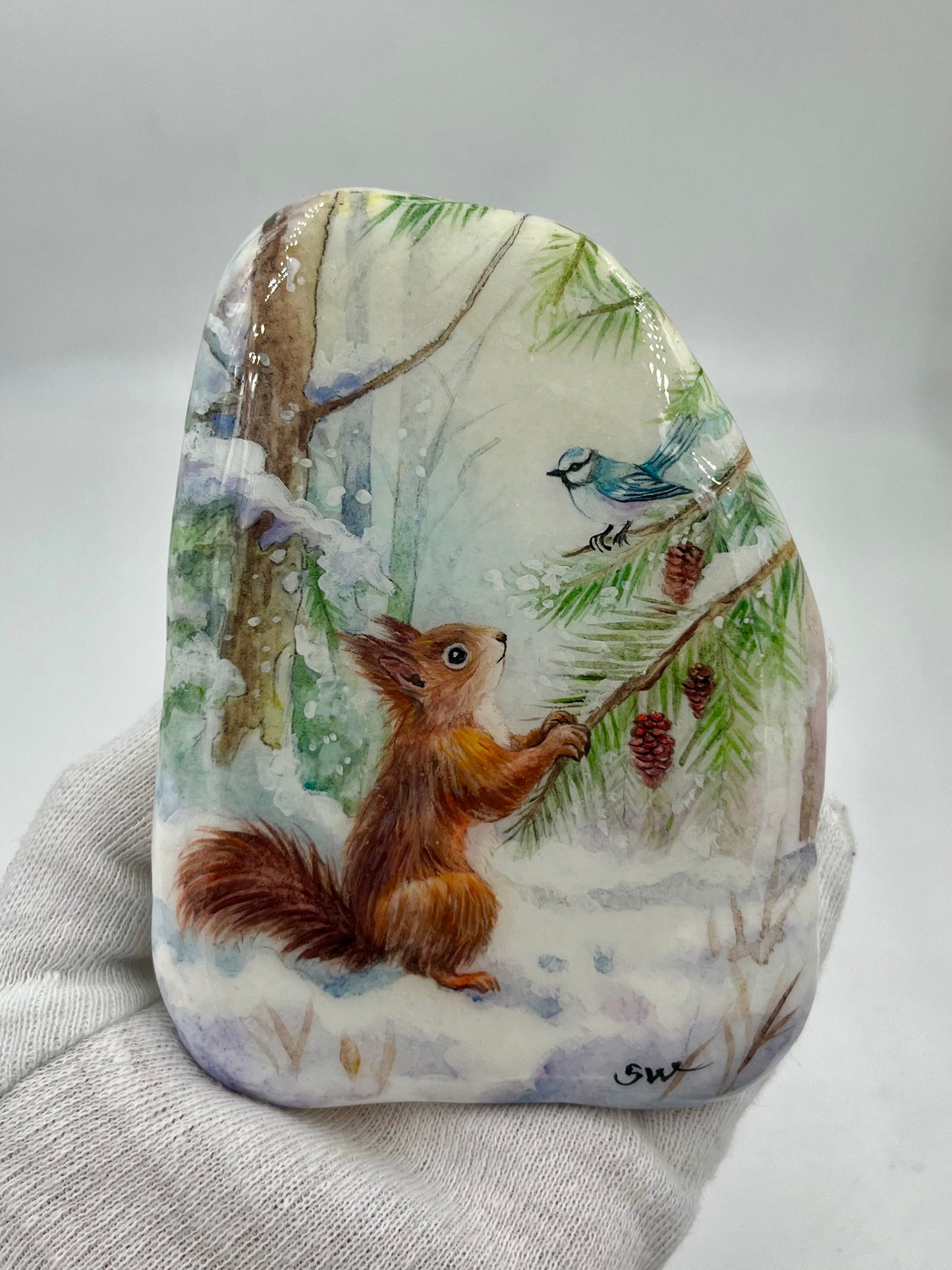 Einzigartig handbemalte Stein/Winterliche Szenerie /inklusive Tischstaffelei