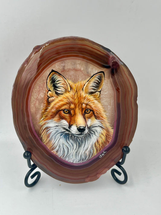 Einzigartige bemalt Achatscheibe/der Fuchs/Hand bemalt /Deko/Tierpotrait/ink.Metallständer