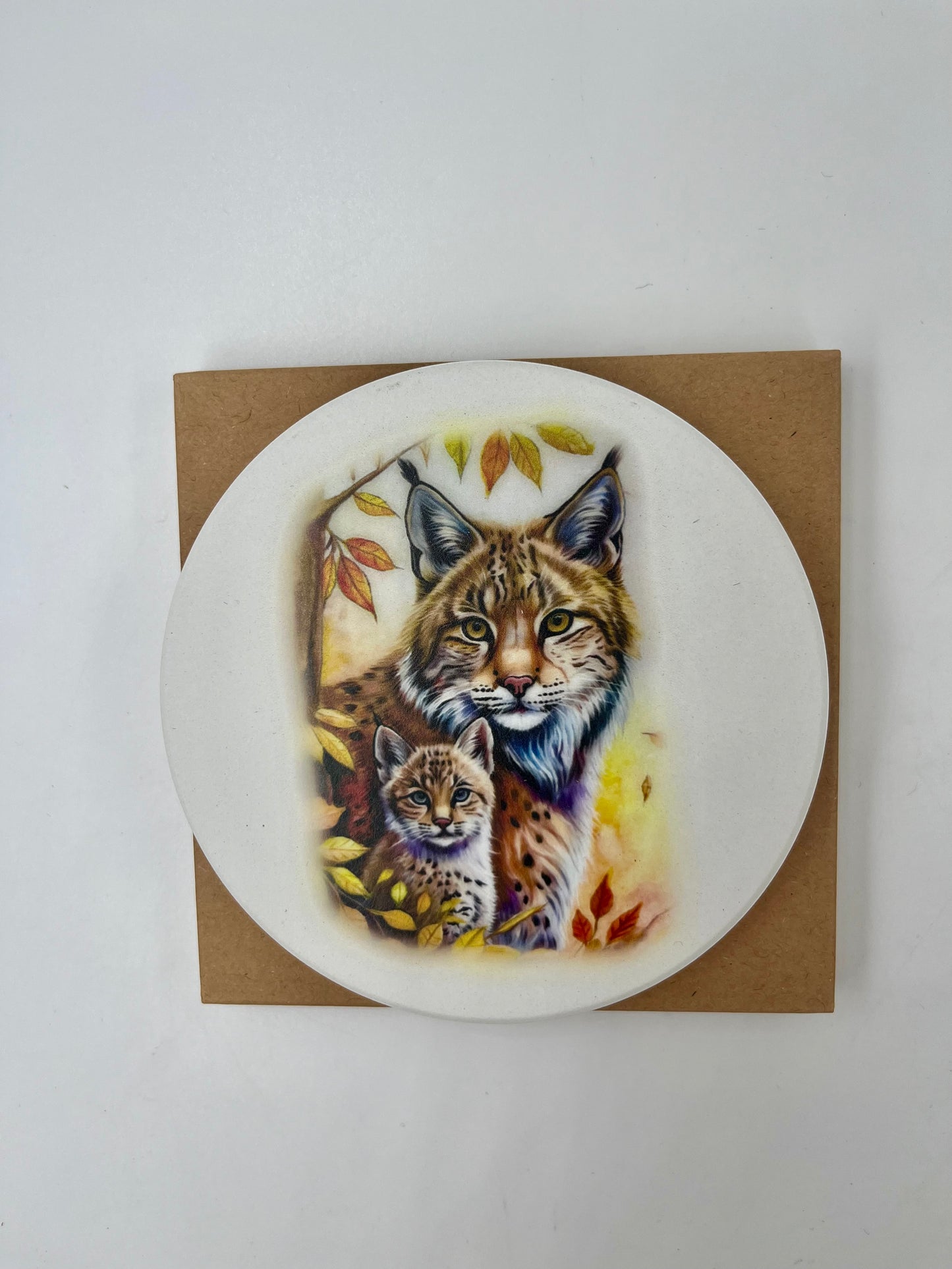 Keramikuntersetzer/ Luchs Mama und Kinder / Keramik Dolomit und Kork/ Kunstdruck