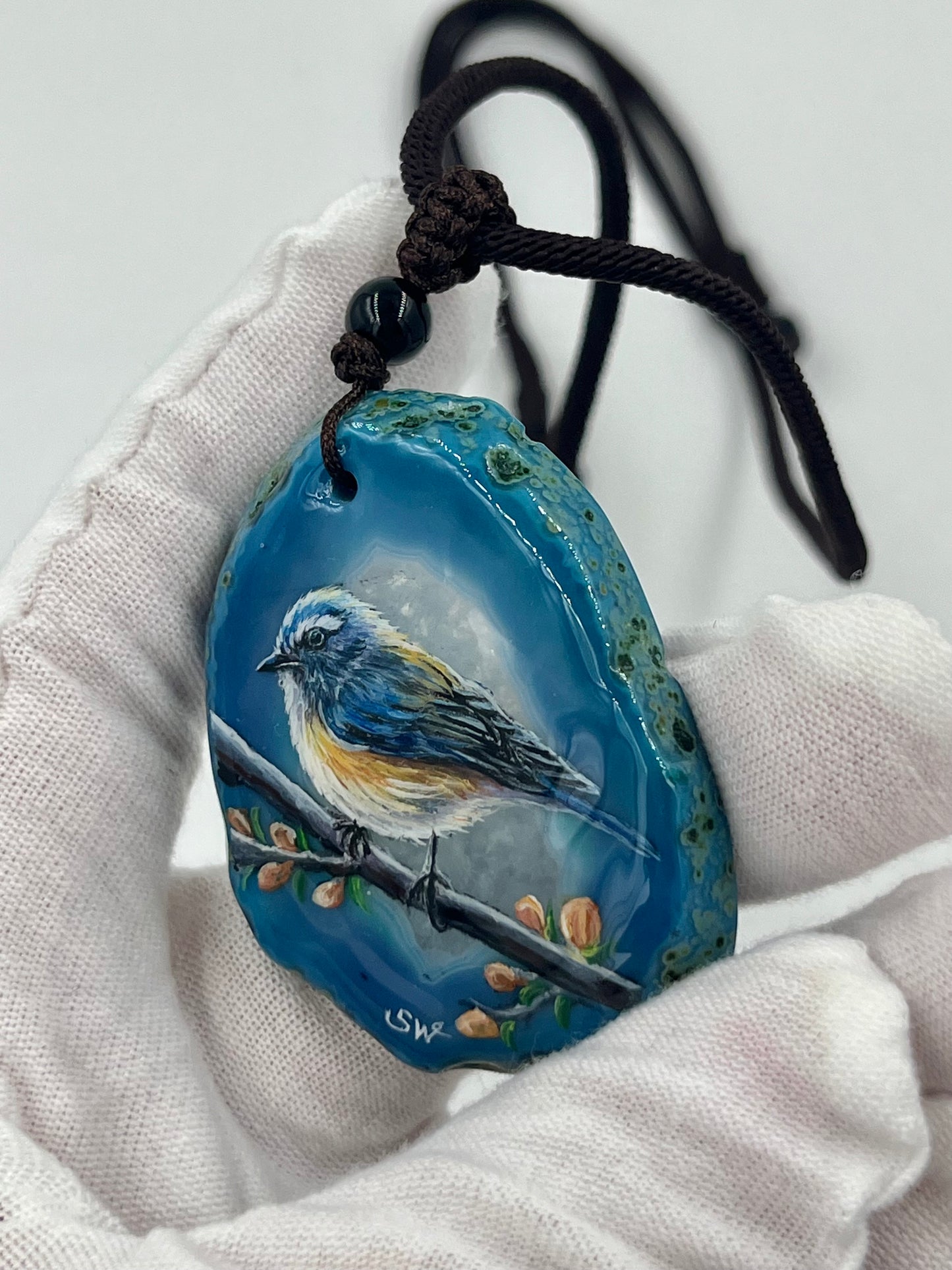 Einzigartige Anhänger /Slaty-blue Flycatcher/Achat/Hand bemalt Juwelen und tragbare Kunst /Natur Schmuck