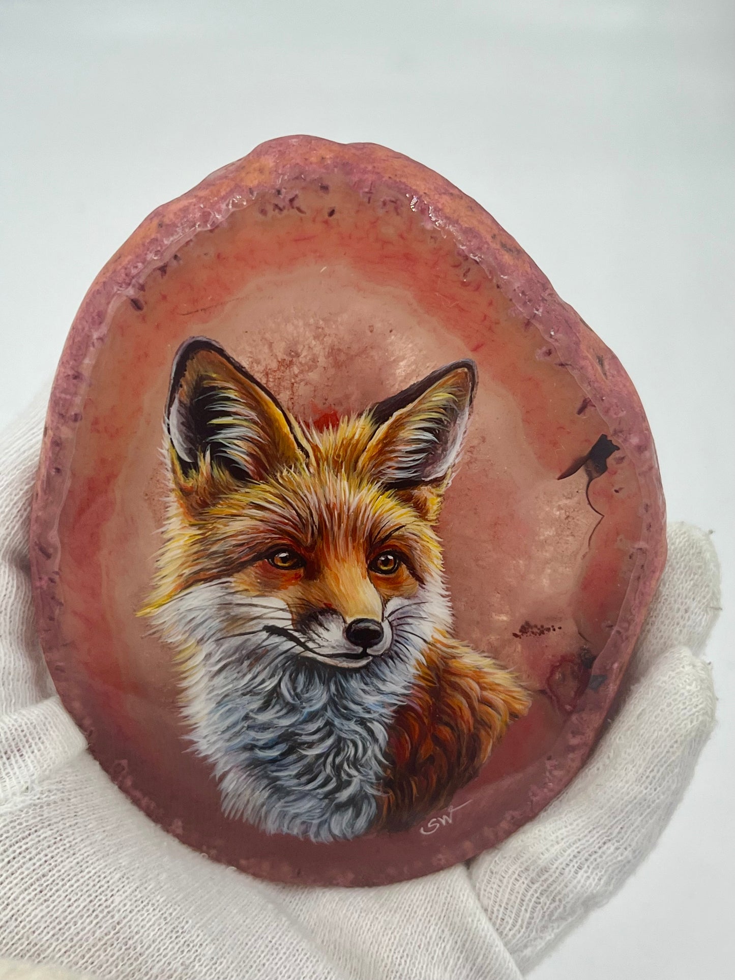 Einzigartige bemalt Achatscheibe/Der Fuchs /Hand bemalt /Deko/Tierpotrait/ink.Metallständer