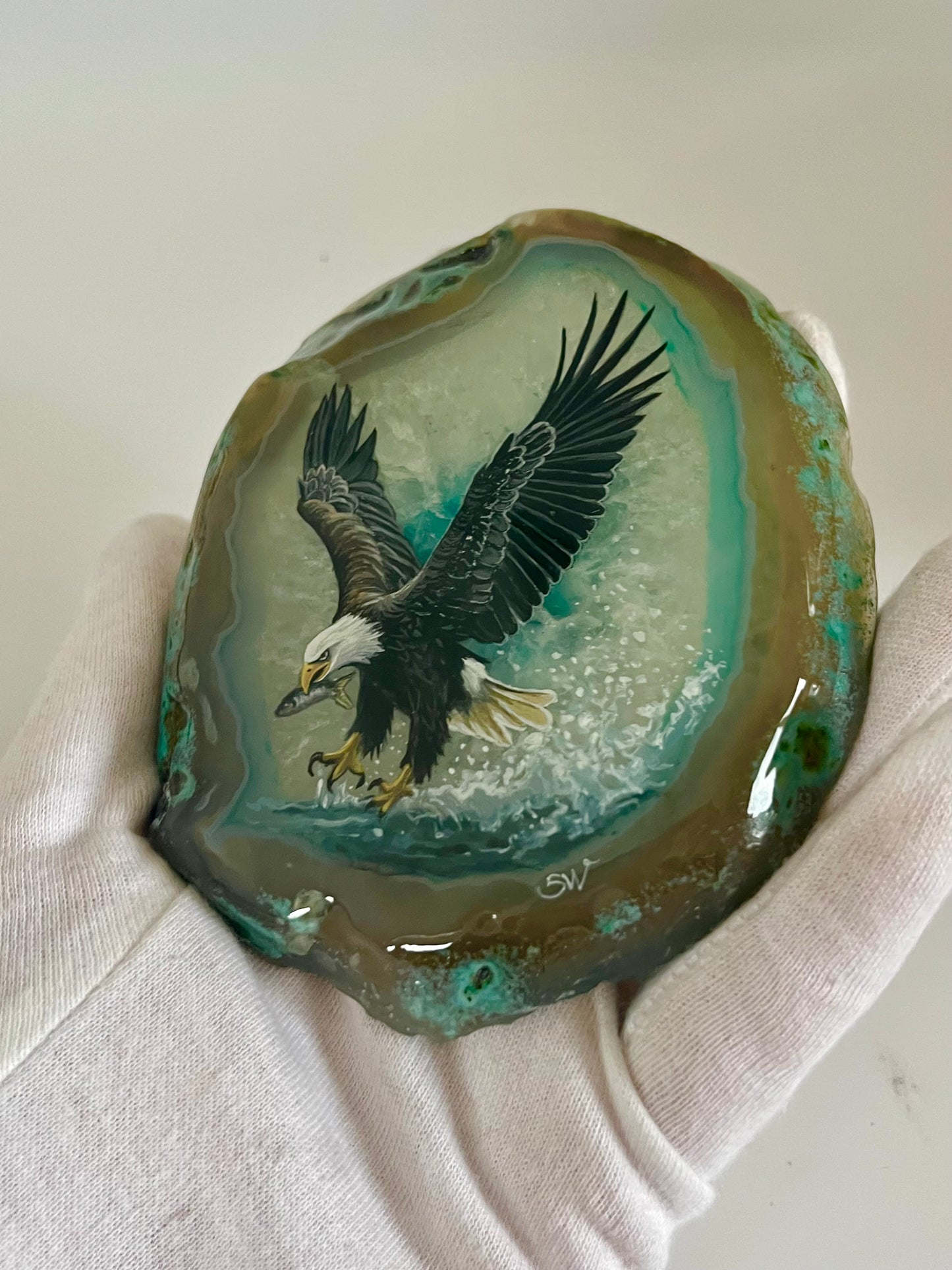 Einzigartige bemalt Achatscheibe/Der Adler /Hand bemalt /Deko/Tierpotrait/ink.Metallständer
