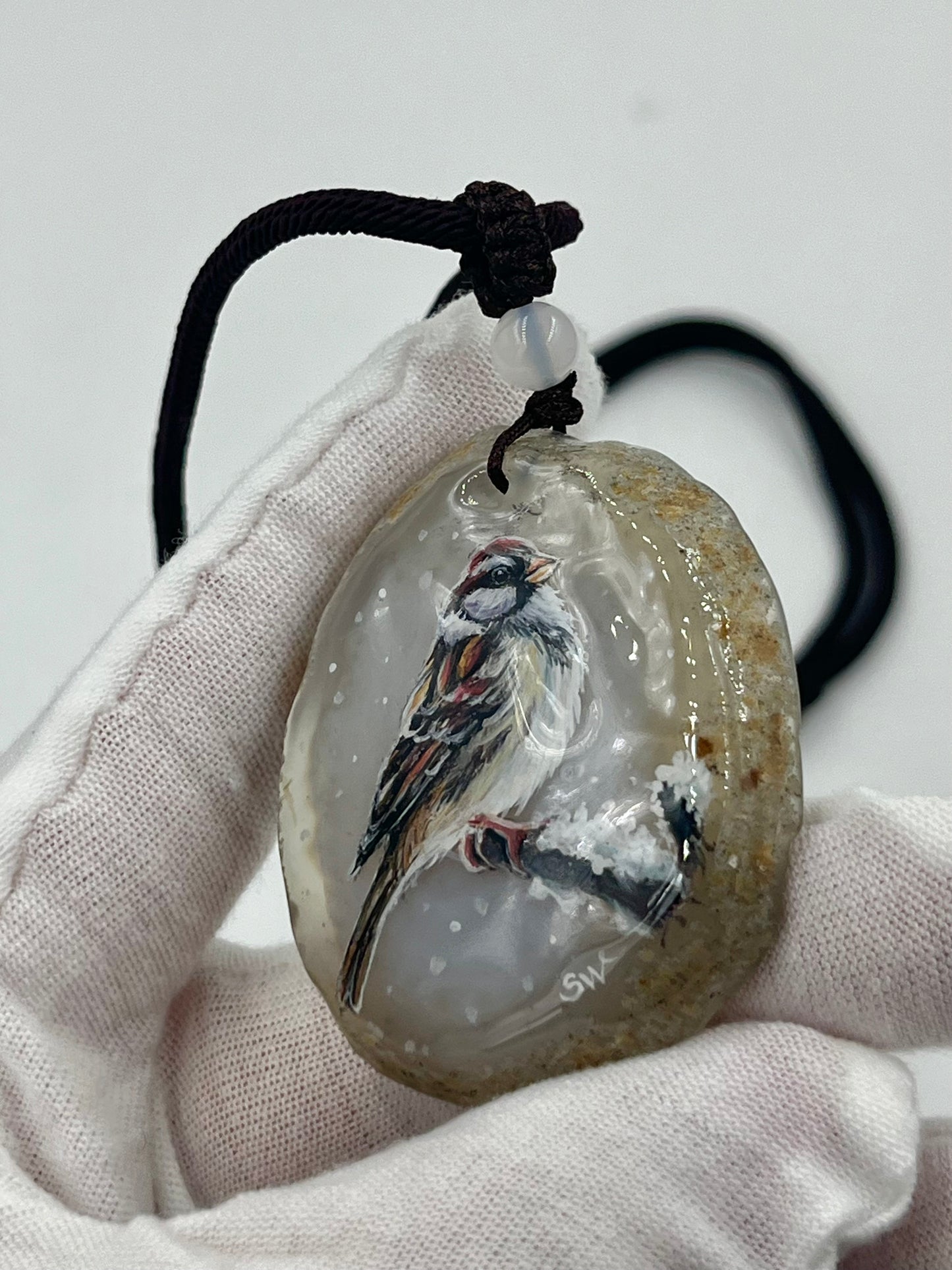 Einzigartige Anhänger /Der Spatz/Achat/Hand bemalt Juwelen und tragbare Kunst /Natur Schmuck