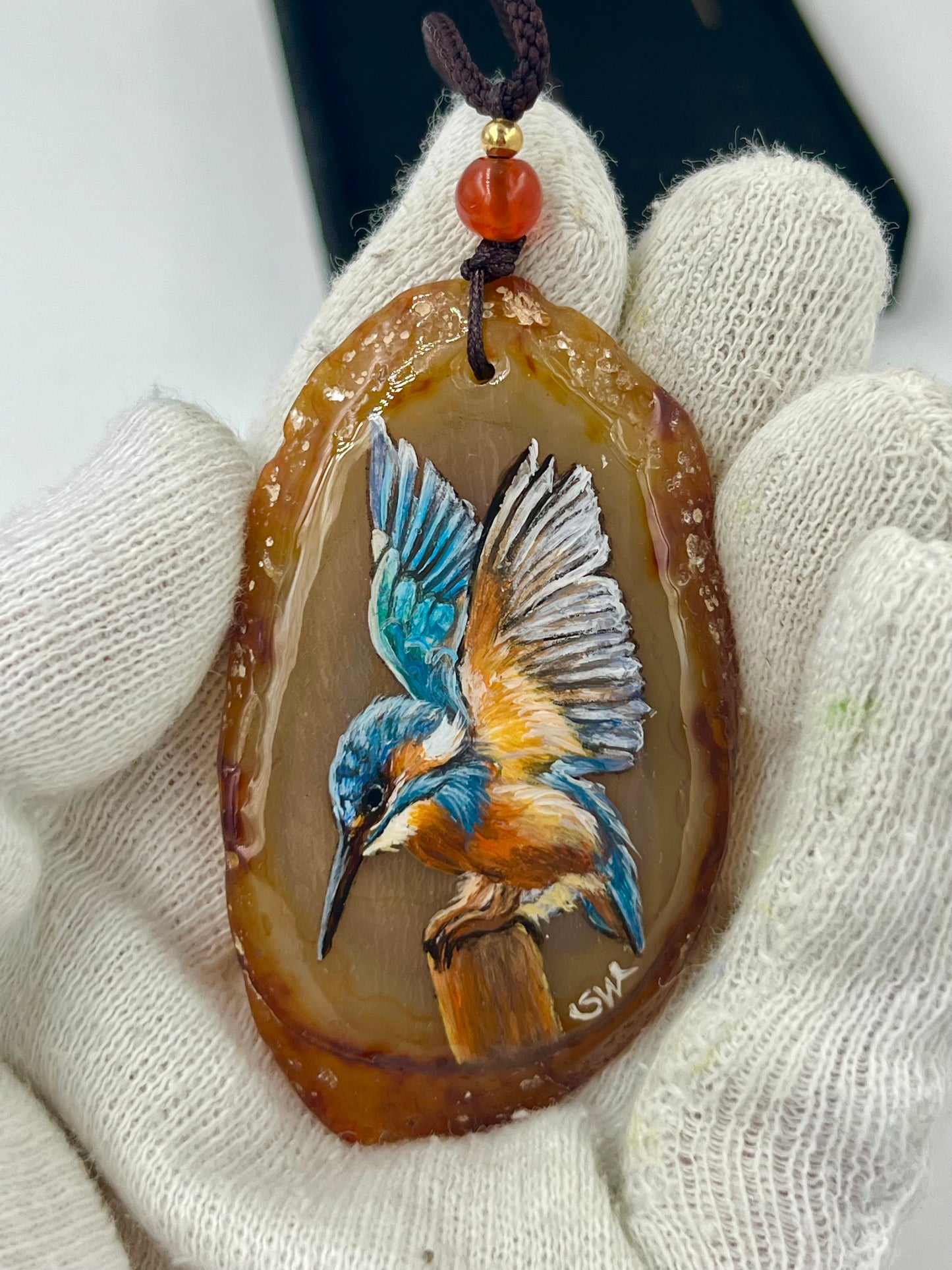 Einzigartige Anhänger /der Eisvogel/Achat/Hand bemalt
