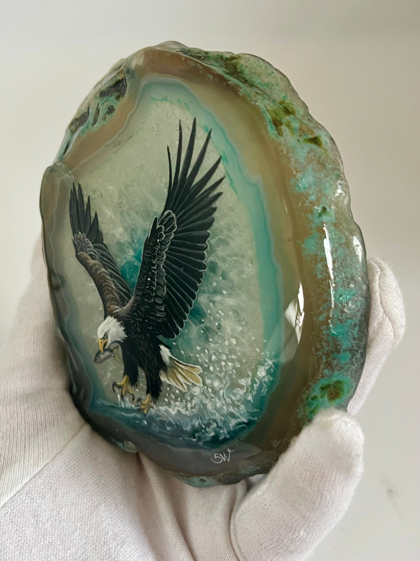 Einzigartige bemalt Achatscheibe/Der Adler /Hand bemalt /Deko/Tierpotrait/ink.Metallständer