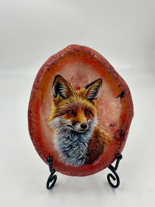 Einzigartige bemalt Achatscheibe/Der Fuchs /Hand bemalt /Deko/Tierpotrait/ink.Metallständer