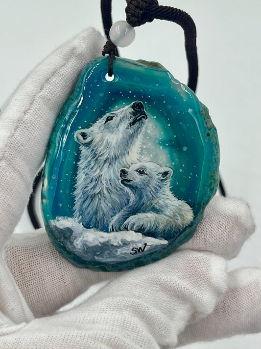 Einzigartige Anhänger /Eisbären Mama und Kind /Achat/Hand bemalt Juwelen und tragbare Kunst /Natur Schmuck