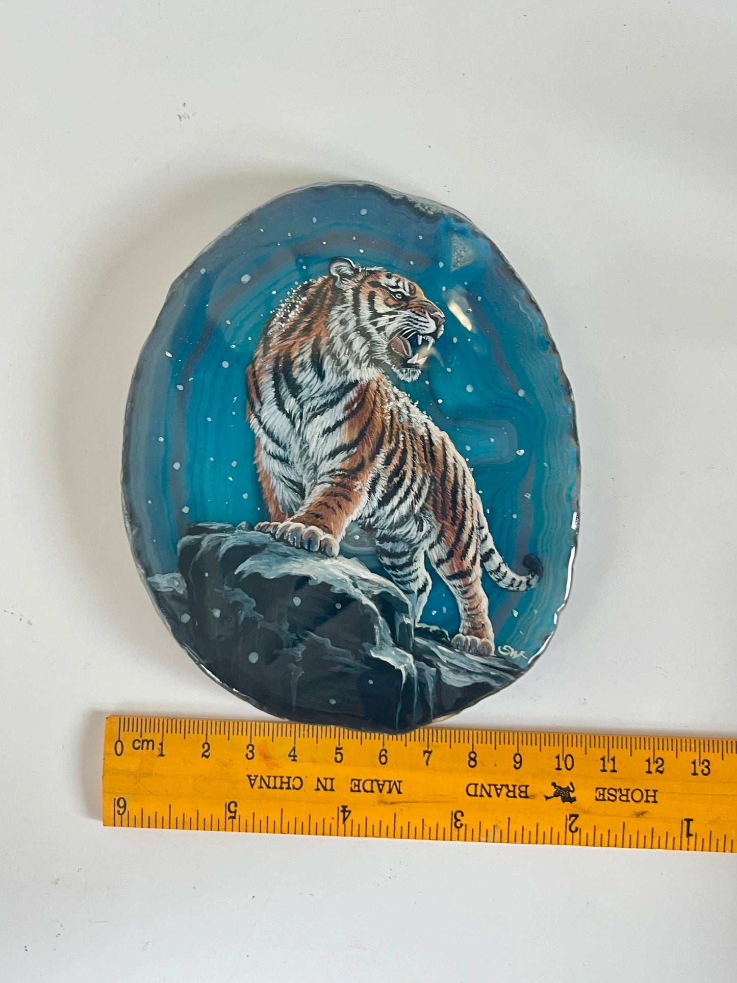 Einzigartige bemalt Achatscheibe/Der Tiger /Hand bemalt /Deko/Tierpotrait/ink.Metallständer