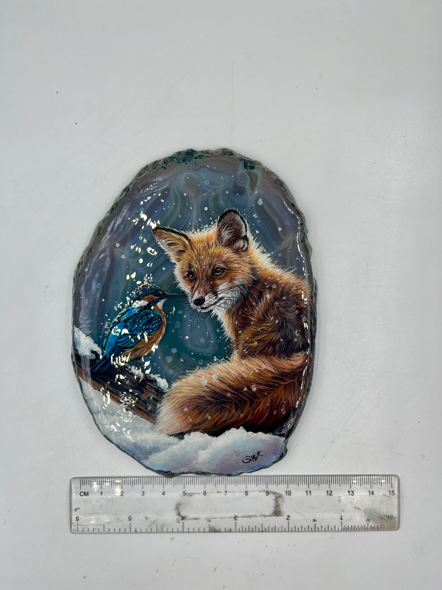 Einzigartige bemalt Achatscheibe/der Fuchs und der Eisvoglel /Hand bemalt /Deko/Tierpotrait/ink.Metallständer