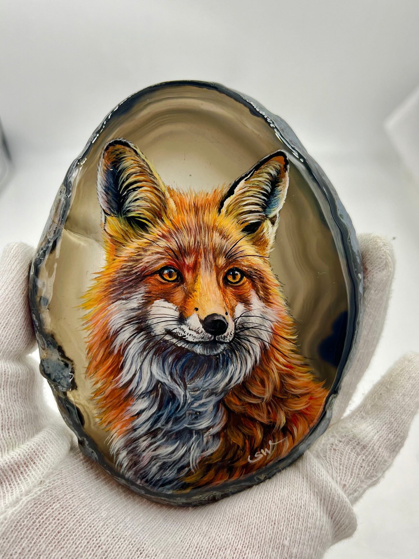 Einzigartige bemalt Achatscheibe/Der Fuchs /Hand bemalt /Deko/Tierpotrait/ink.Metallständer
