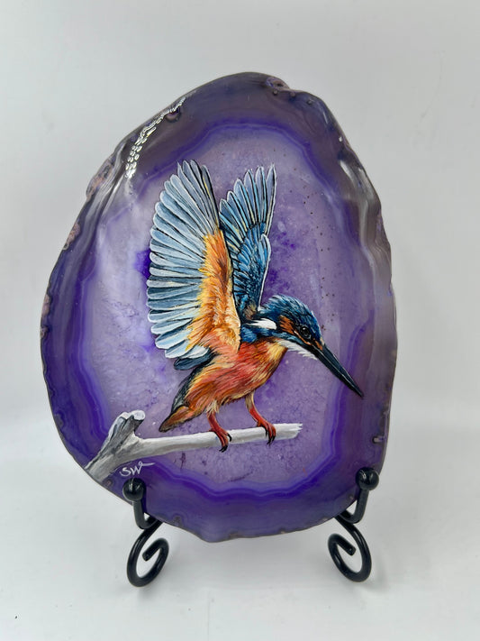 Einzigartige handbemalte Achatscheibe /der Eisvogel/ink.Metallständer