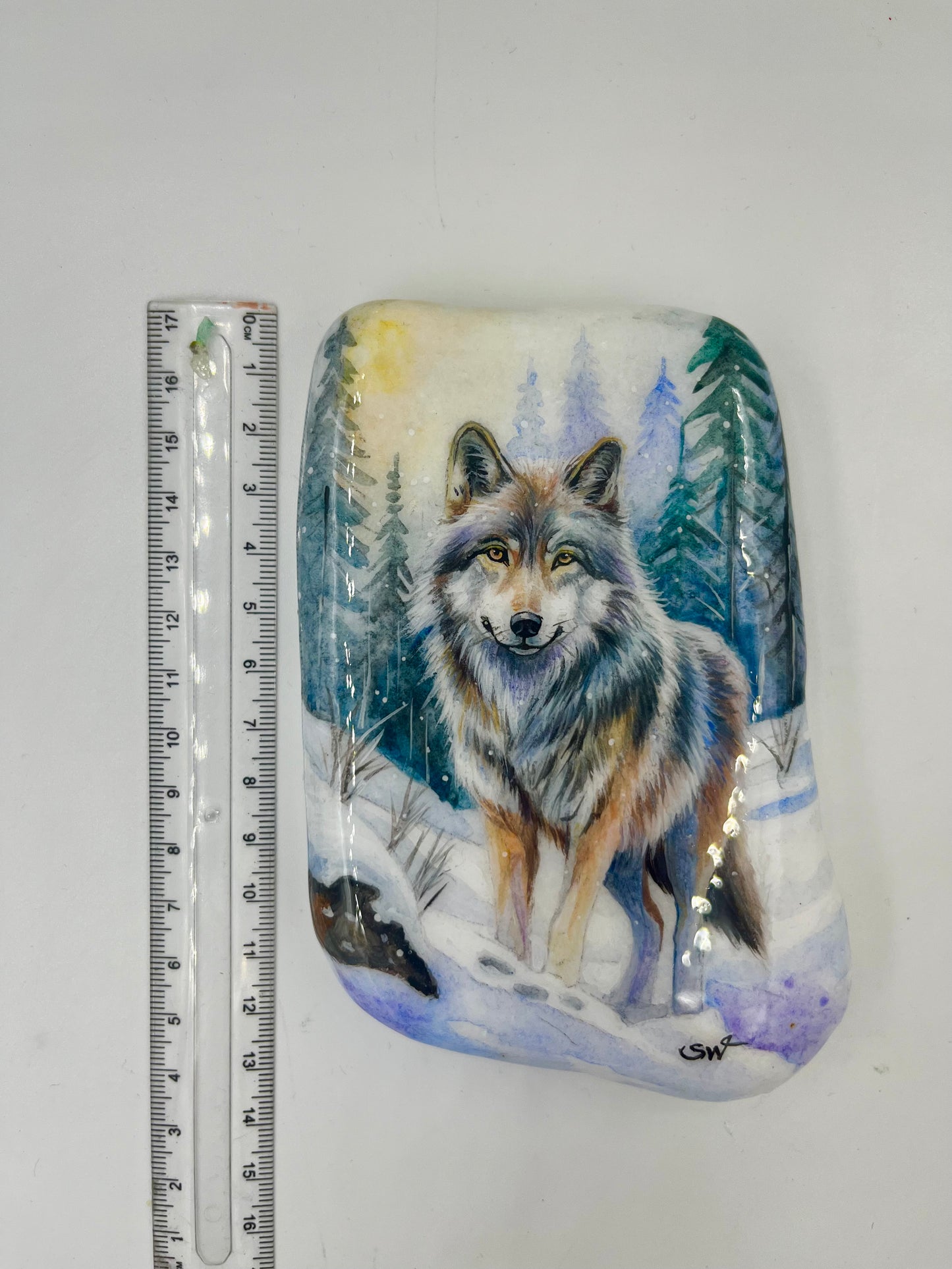 Einzigartig handbemalte Stein-Winter Motiv / der Wolf -inklusive Tischstaffelei