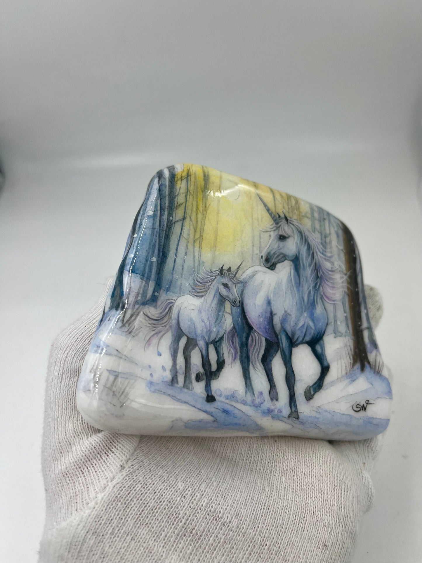 Einzigartig handbemalte Stein-die Einhorn Mama und Kind -inklusive Tischstaffelei