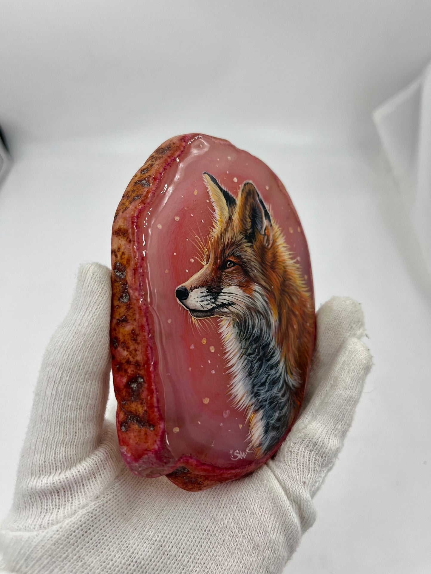 Einzigartige bemalt Achatscheibe/Der Fuchs /Hand bemalt /Deko/Tierpotrait/ink.Metallständer