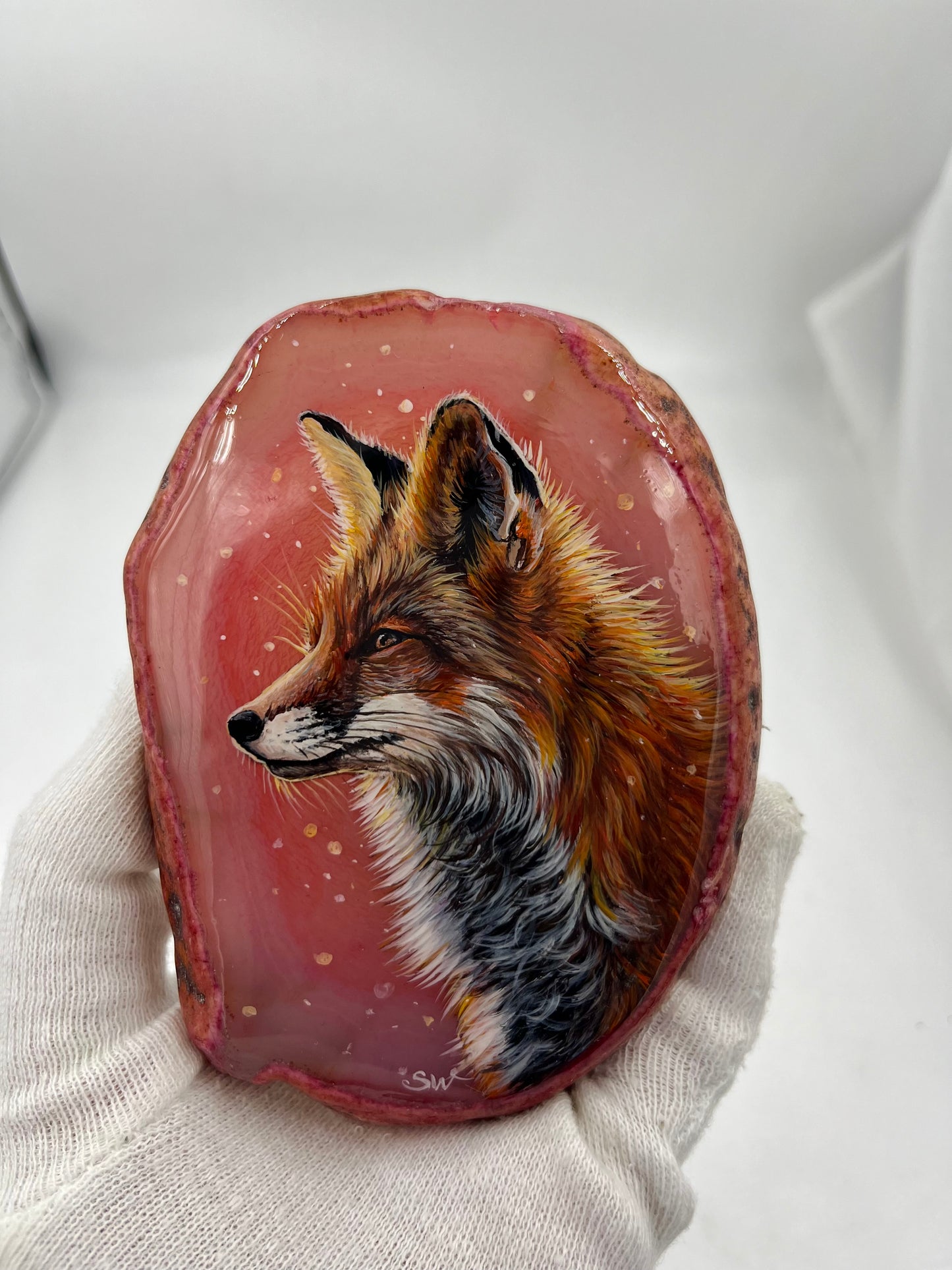 Einzigartige bemalt Achatscheibe/Der Fuchs /Hand bemalt /Deko/Tierpotrait/ink.Metallständer