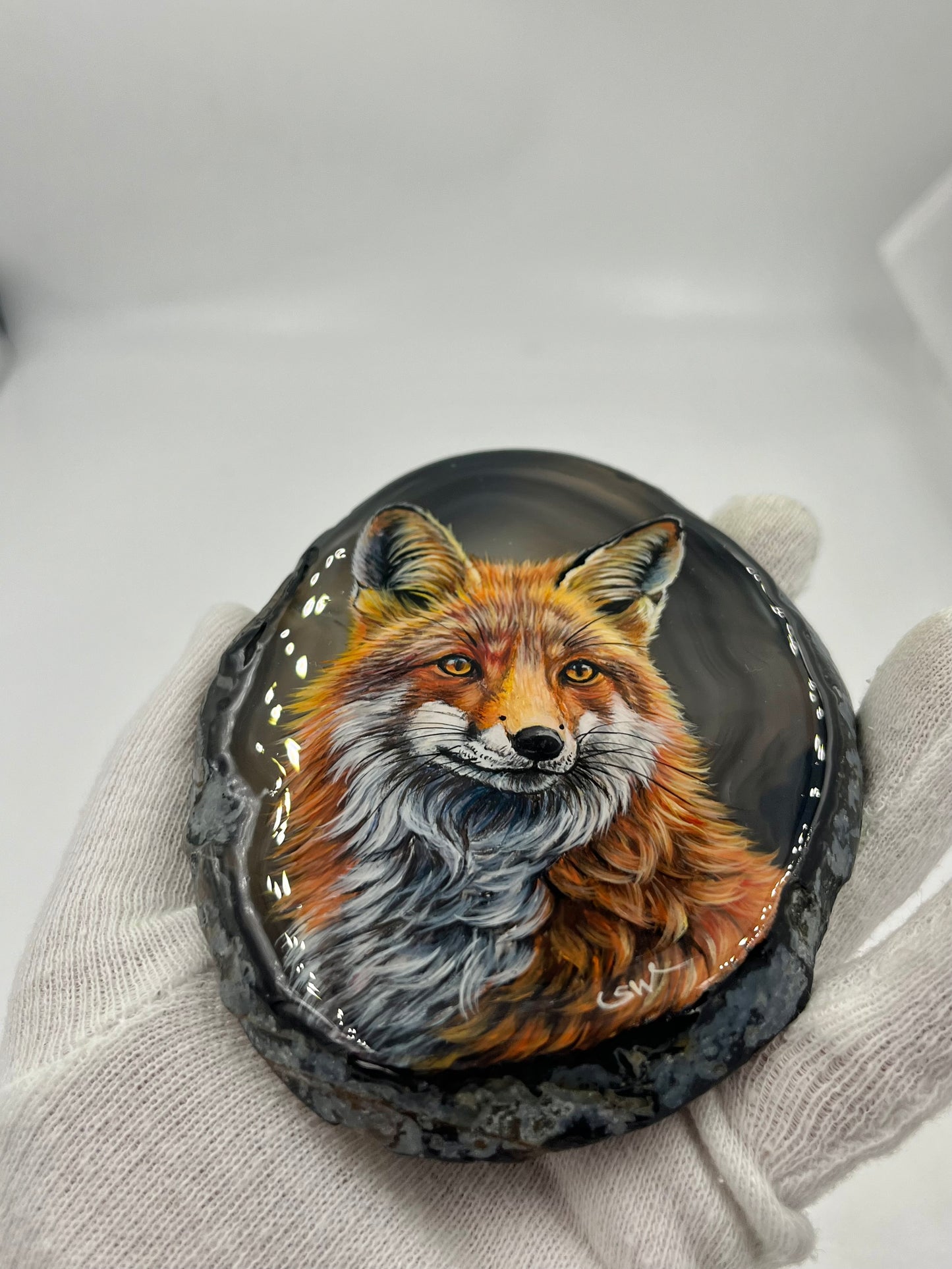 Einzigartige bemalt Achatscheibe/Der Fuchs /Hand bemalt /Deko/Tierpotrait/ink.Metallständer
