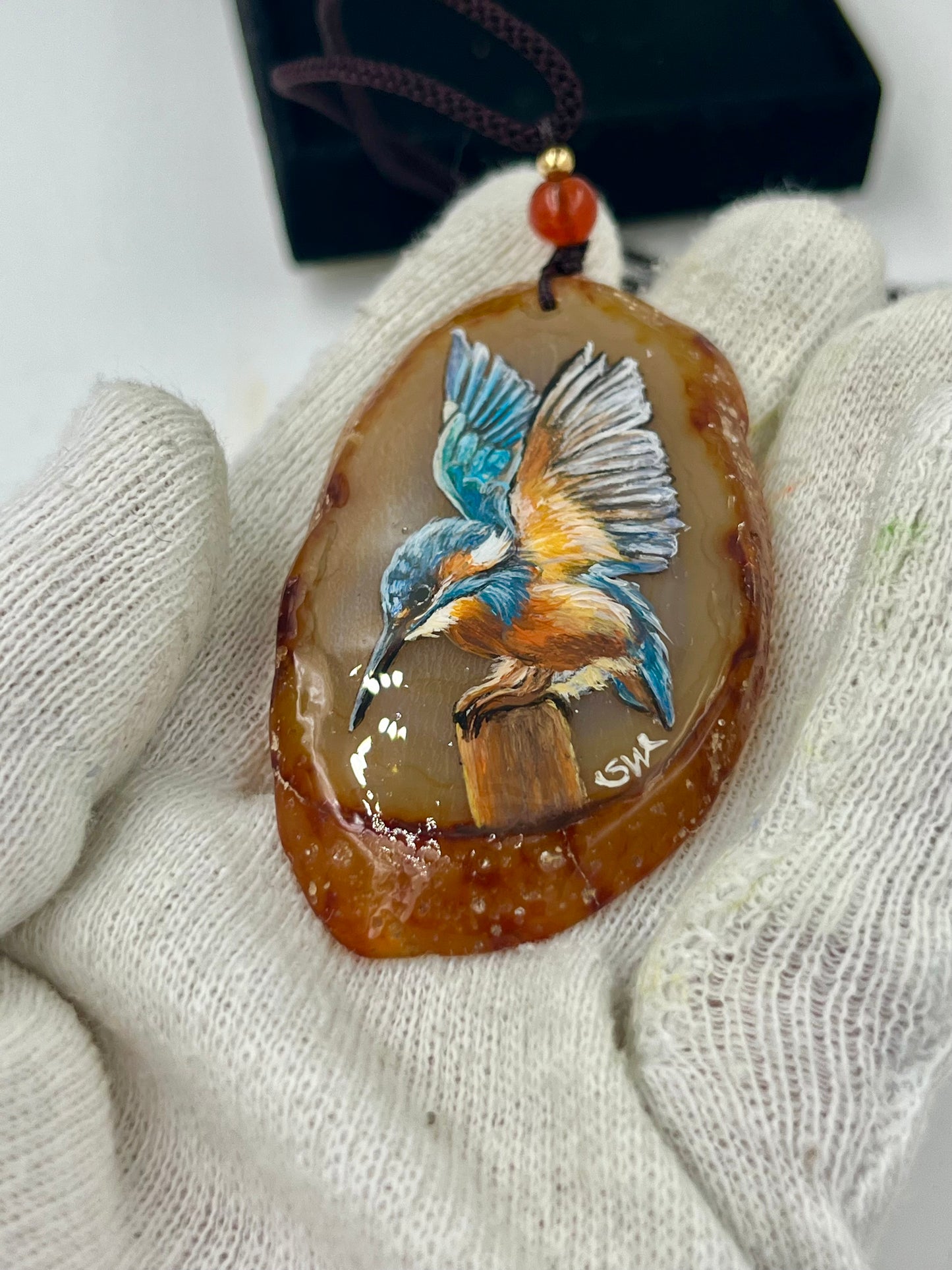 Einzigartige Anhänger /der Eisvogel/Achat/Hand bemalt