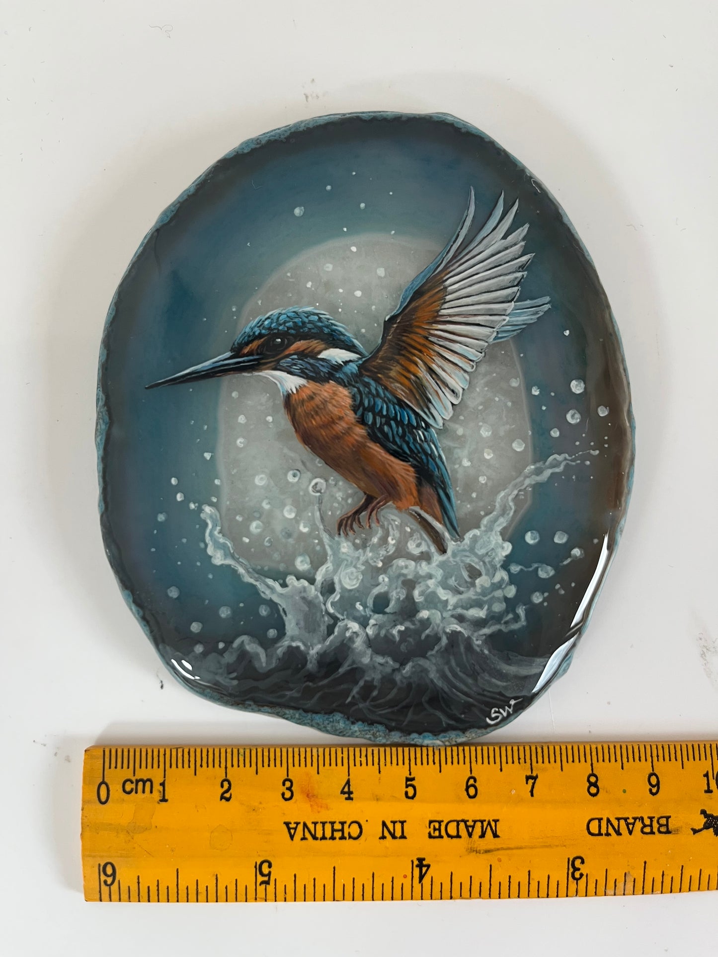 Einzigartige handbemalte Achatscheibe /der Eisvogel/ink.Metallständer