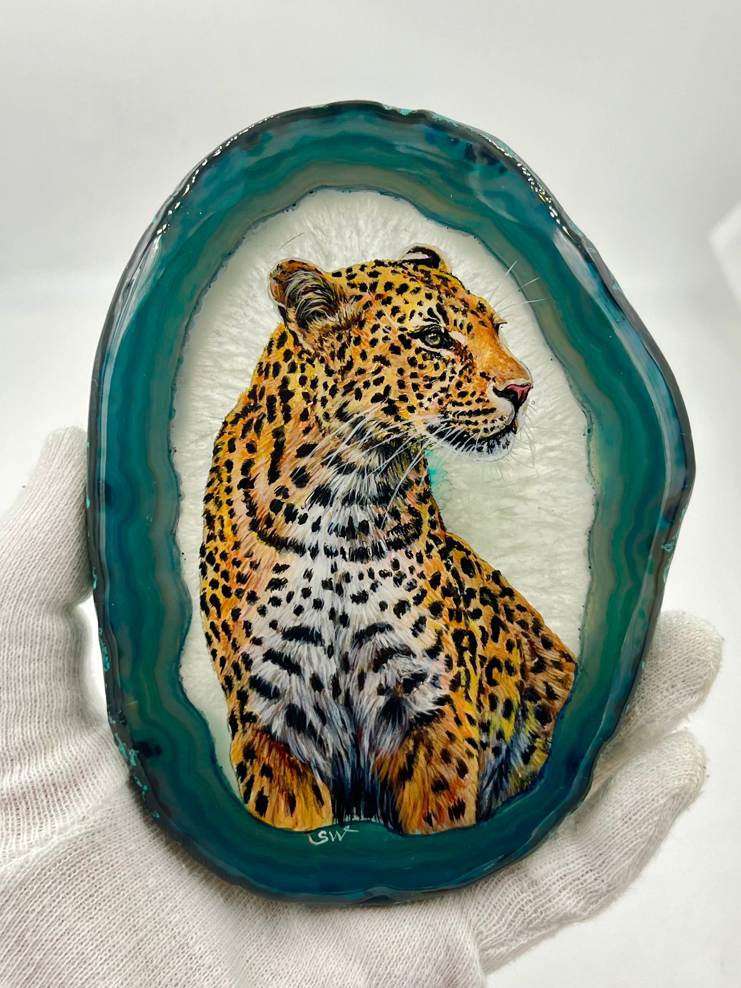 Einzigartige bemalt Achatscheibe/Der Leopard/Hand bemalt /Deko/Tierpotrait/ink.Metallständer