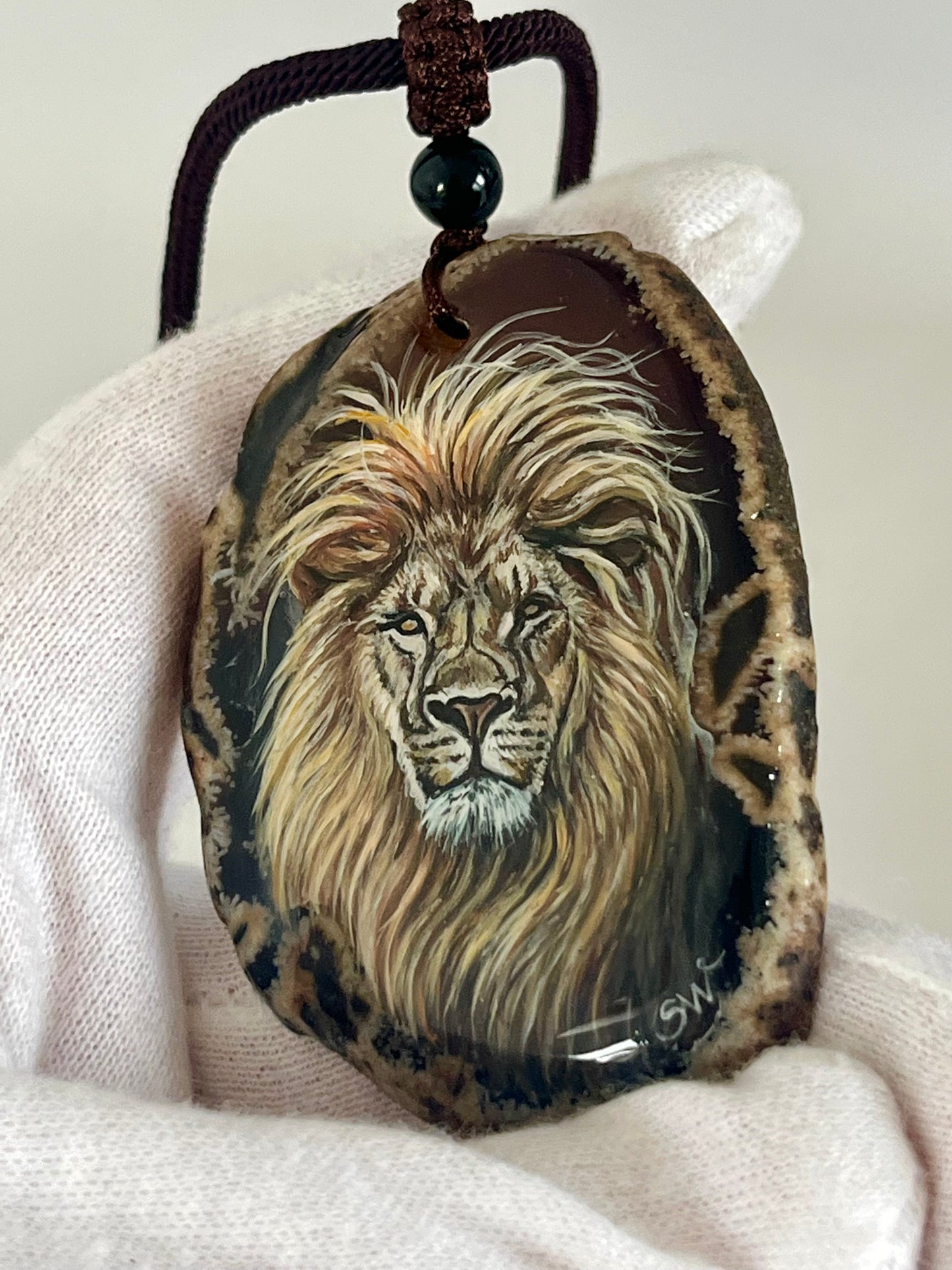 Einzigartige Anhänger /Der Löwe/Achat/Hand bemalt Juwelen und tragbare Kunst /Natur Schmuck