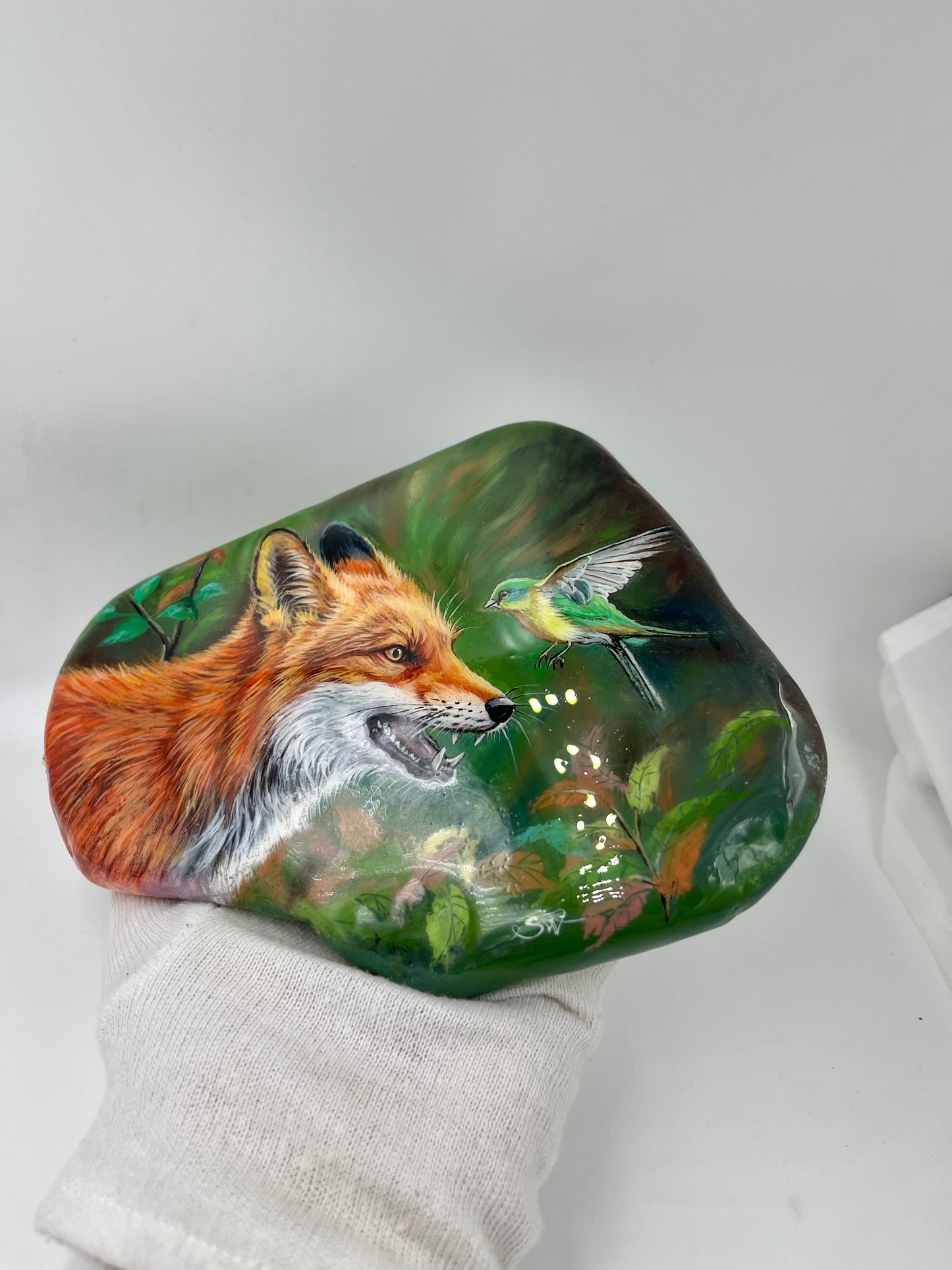 Einzigartig handbemalte Große stein/der Fuchs und der Vogel/inklusive Tischstaffelei