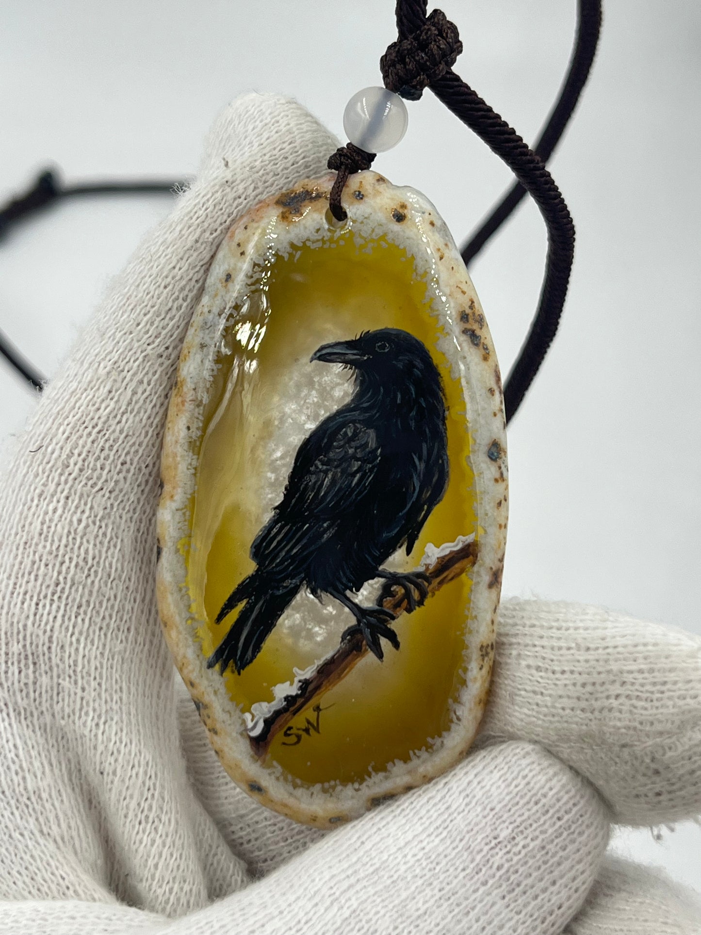 Einzigartige Anhänger /Die Krähe/Achat/Hand bemalt Juwelen und tragbare Kunst /Natur Schmuck