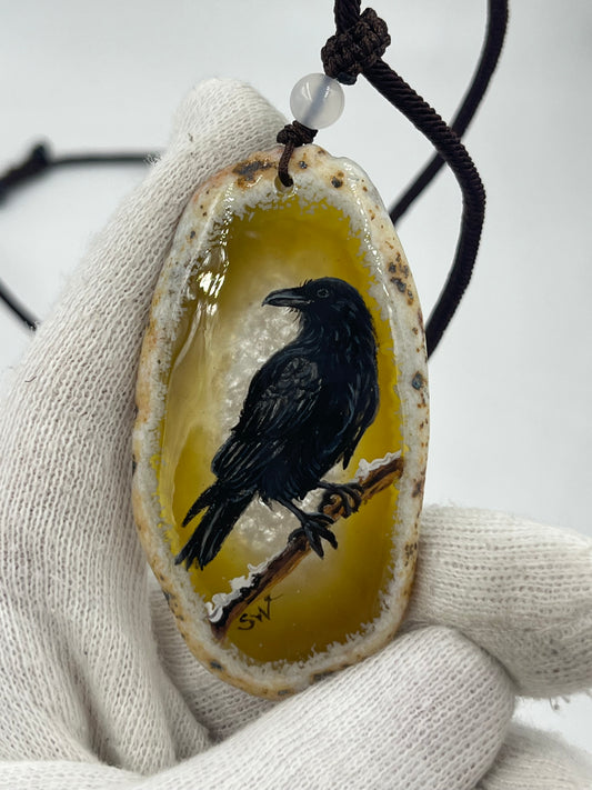 Einzigartige Anhänger /Die Krähe/Achat/Hand bemalt Juwelen und tragbare Kunst /Natur Schmuck