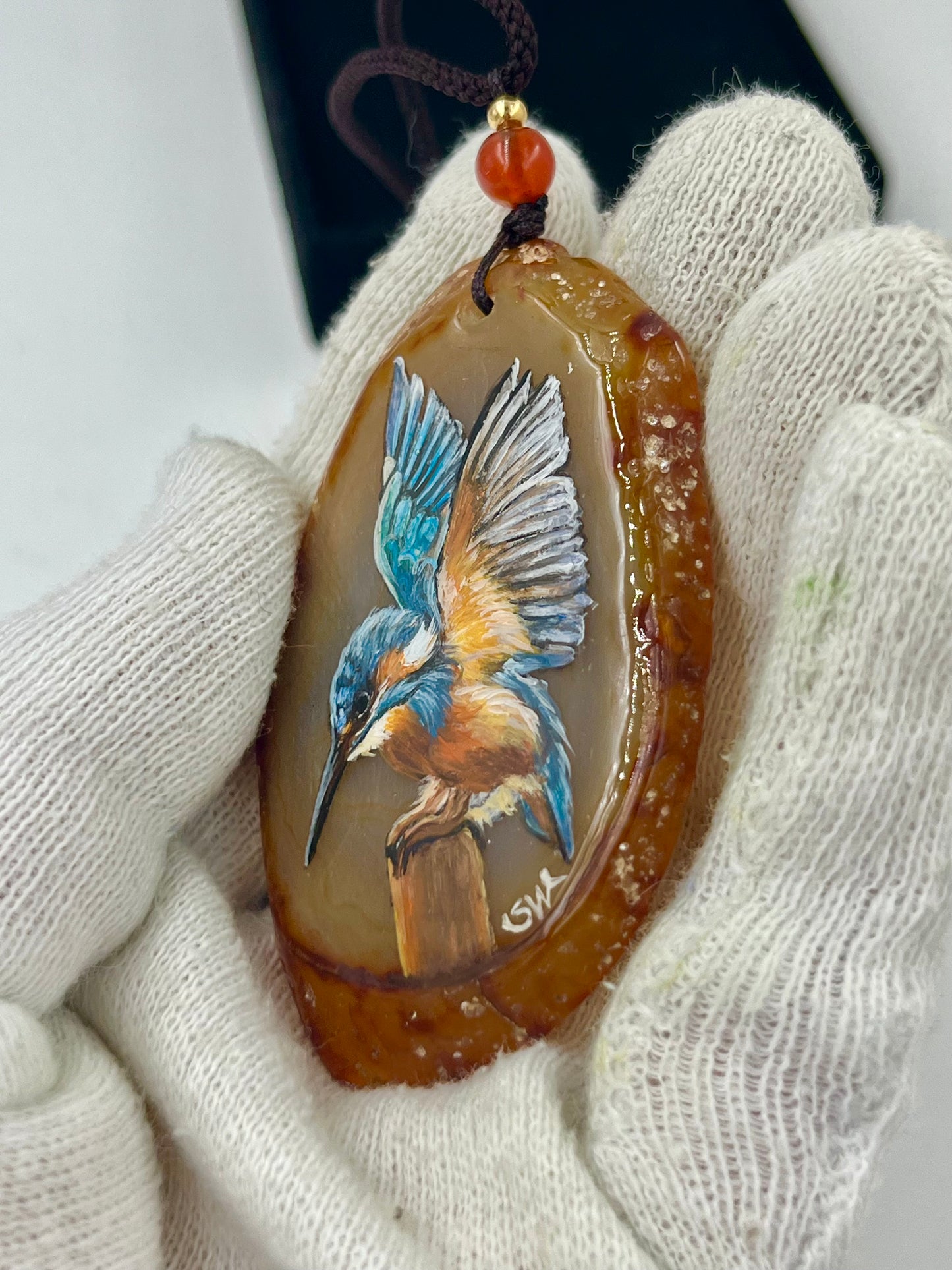 Einzigartige Anhänger /der Eisvogel/Achat/Hand bemalt