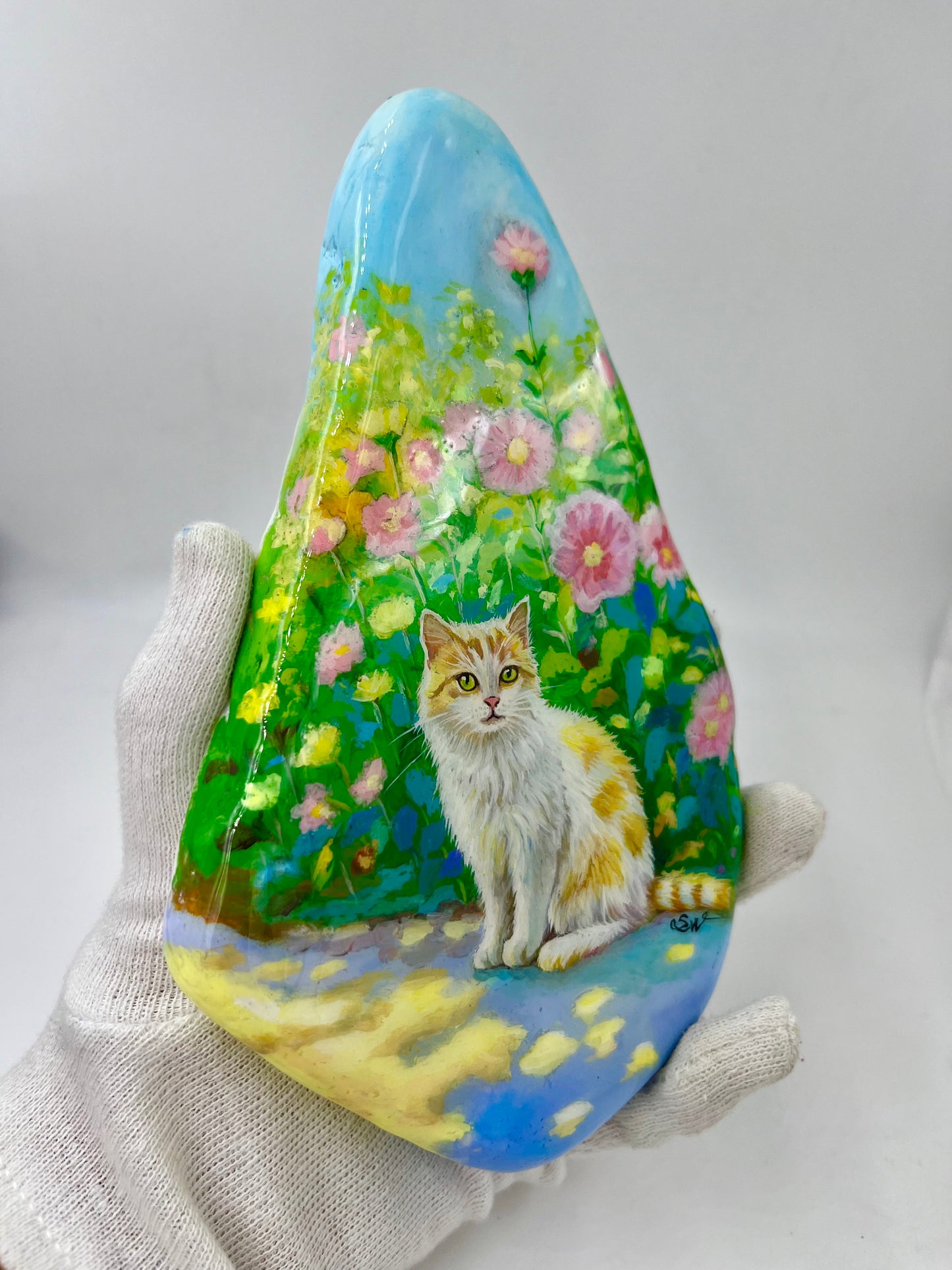 Einzigartig handbemalte Stein/die Katze/inklusive Tischstaffelei