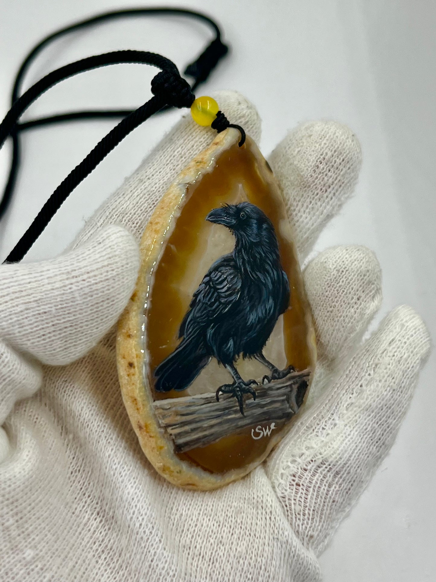 Einzigartige Anhänger /Die Krähe/Achat/Hand bemalt Juwelen und tragbare Kunst /Natur Schmuck
