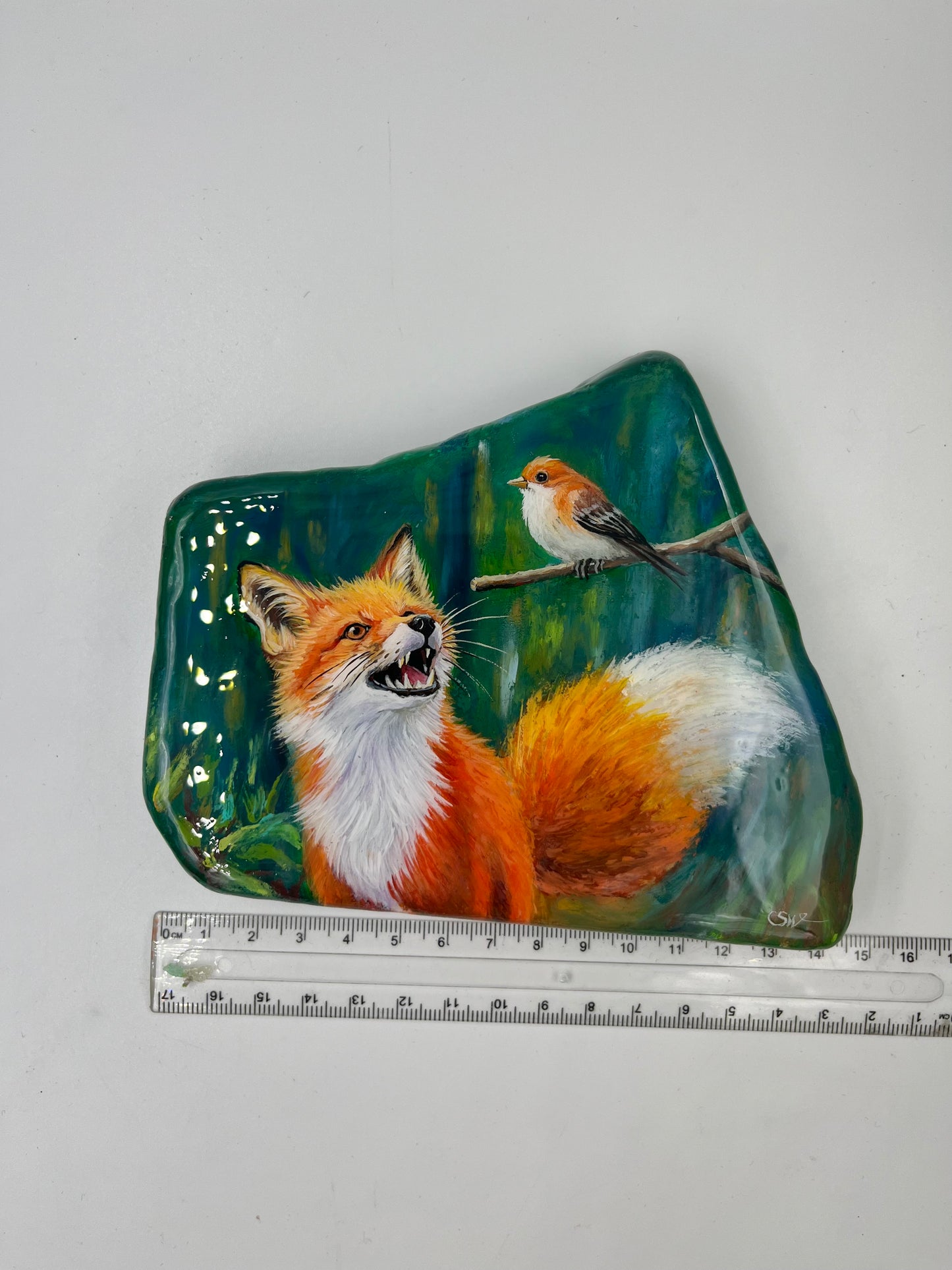 Einzigartig handbemalte Stein/der Fuchs und der Vogel /inklusive Tischstaffelei