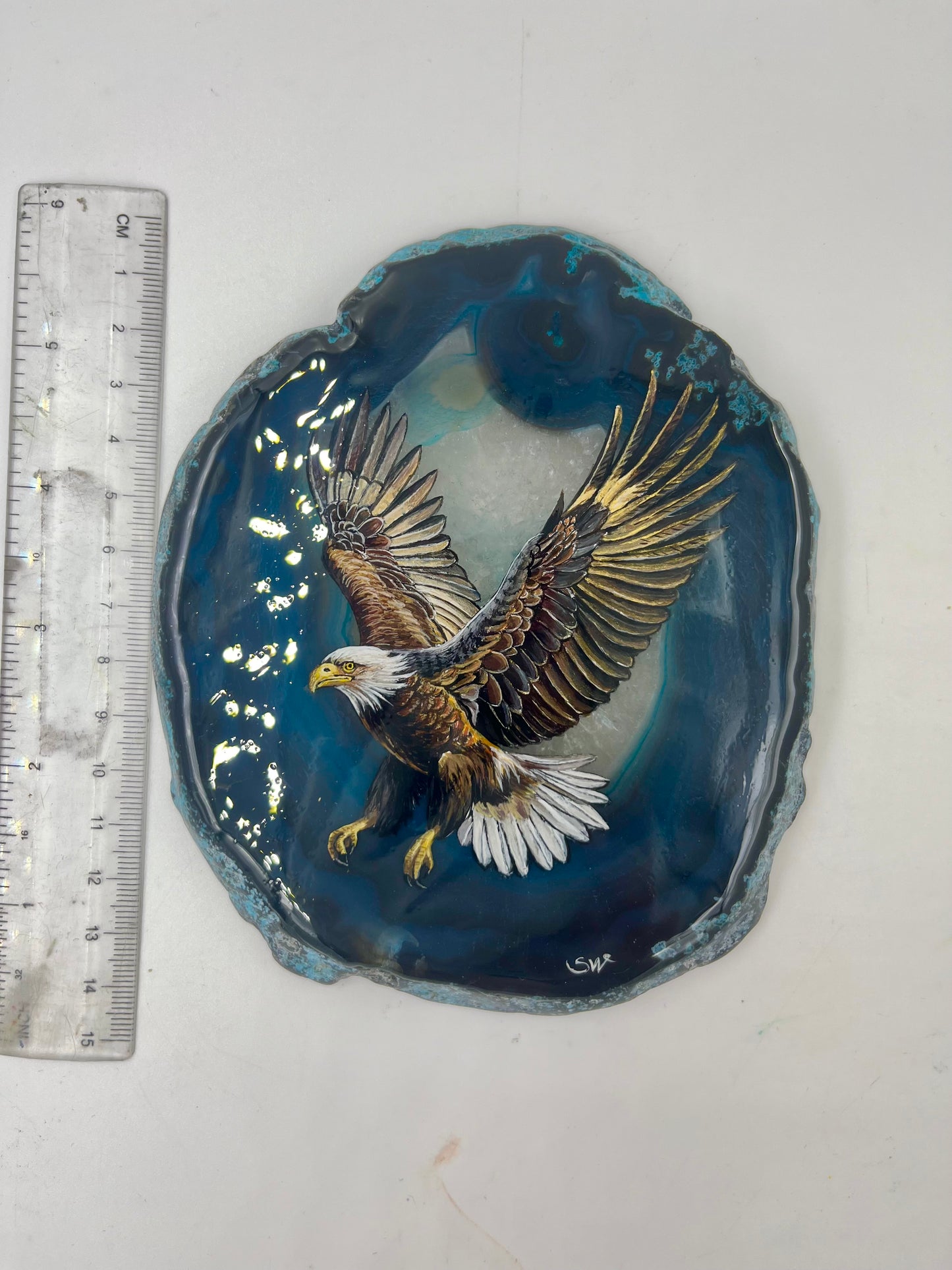 Einzigartige bemalt Achatscheibe/Der Adler /Hand bemalt /Deko/Tierpotrait/ink.Metallständer