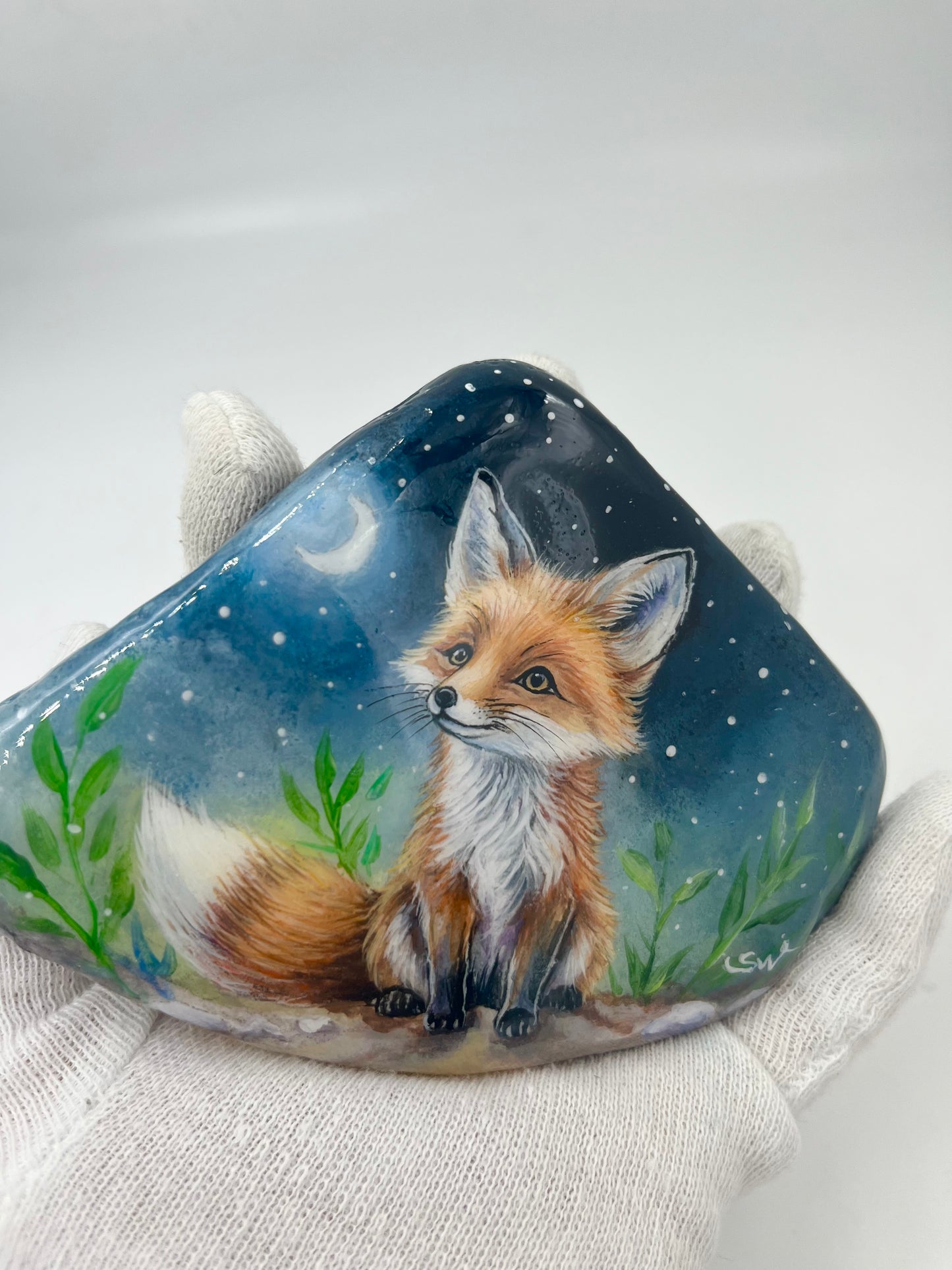 Einzigartig handbemalte Stein-der Fuchs/inklusive Tischstaffelei