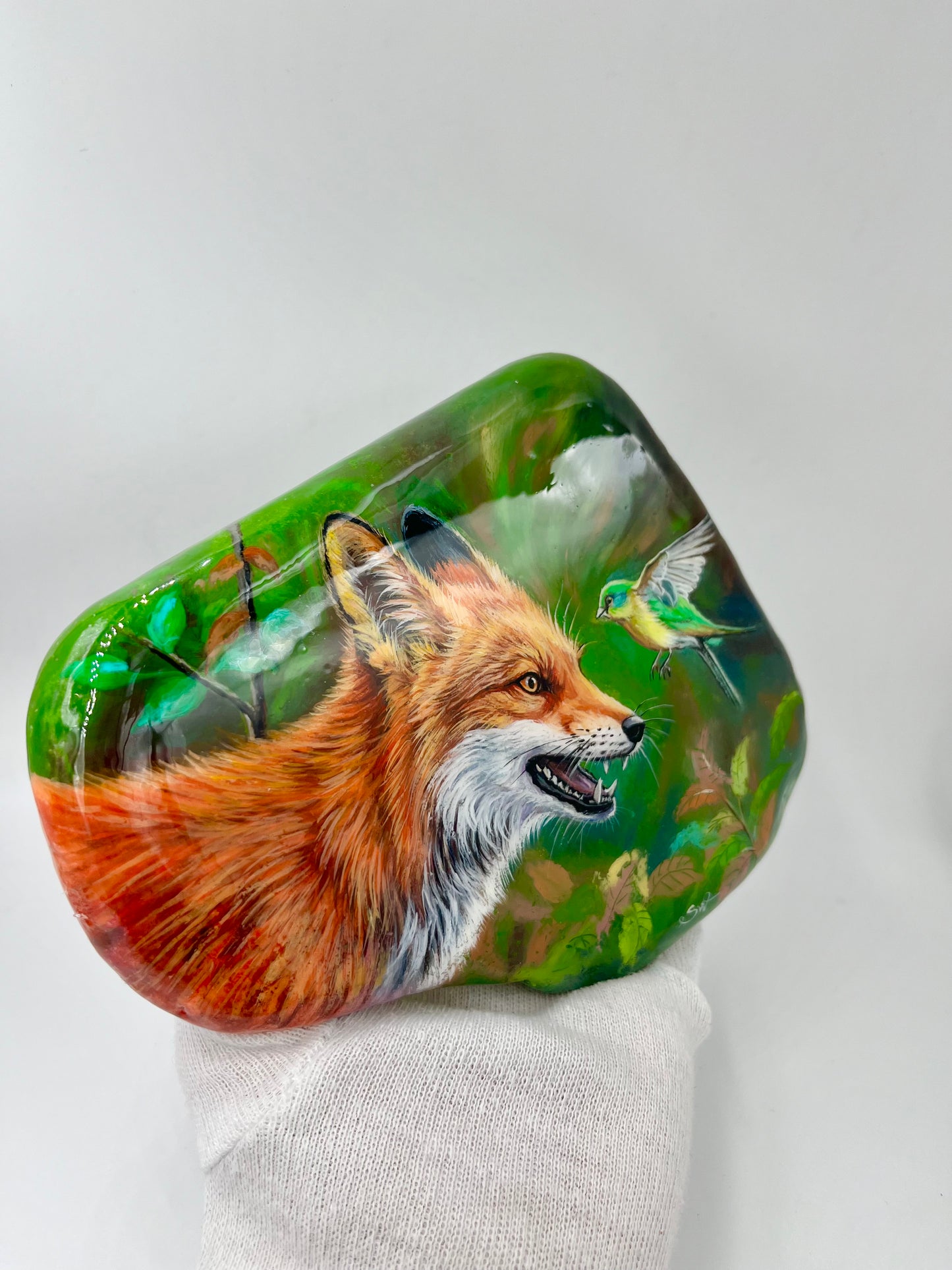 Einzigartig handbemalte Große stein/der Fuchs und der Vogel/inklusive Tischstaffelei
